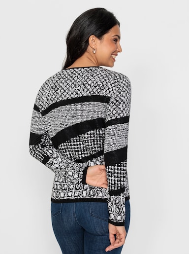 Langarm-Pullover im kontrastfarbigen Jacquard-Mustermix - schwarz-weiß-gemustert