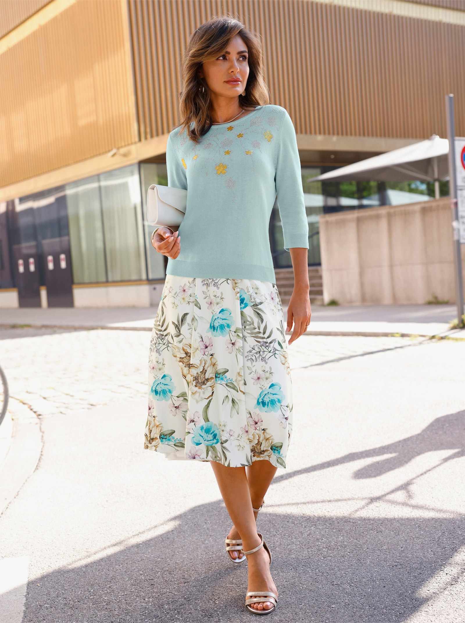 Bahnenrock mit blickdichtem Futter - ecru-rosé-bedruckt