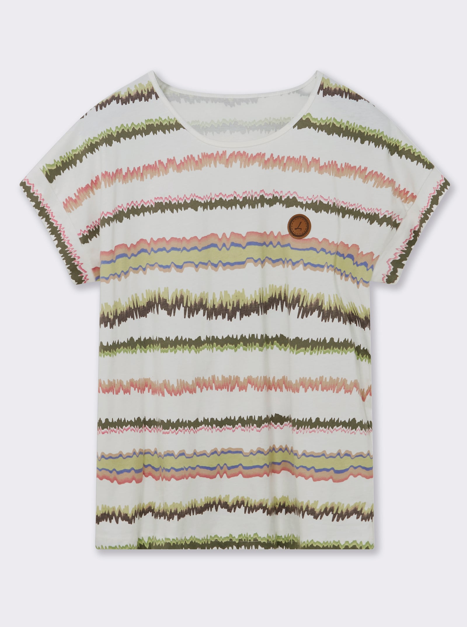 Print-Shirt mit Ziernähten, geringelt - ecru-khaki-bedruckt