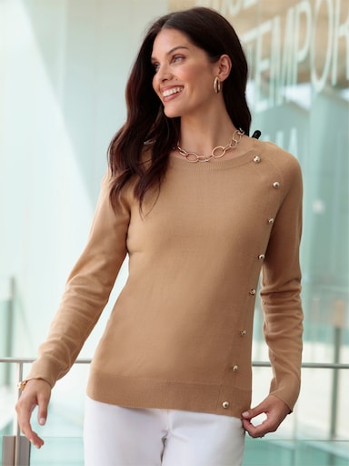 Langarm-Pullover mit Zierknöpfen - camel