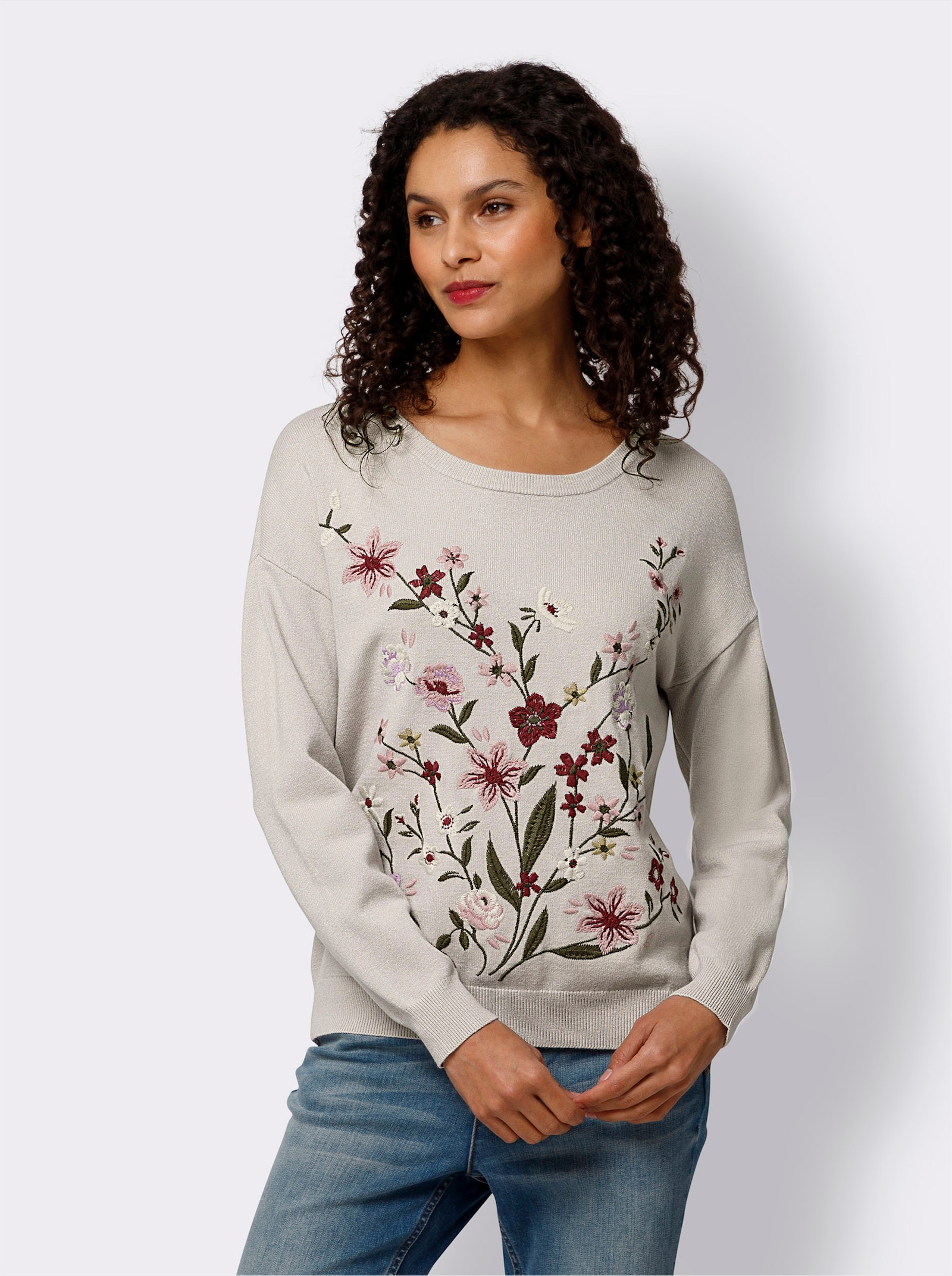 heine Pull en tricot fin avec broderie florale - gris clair-kaki à motifs