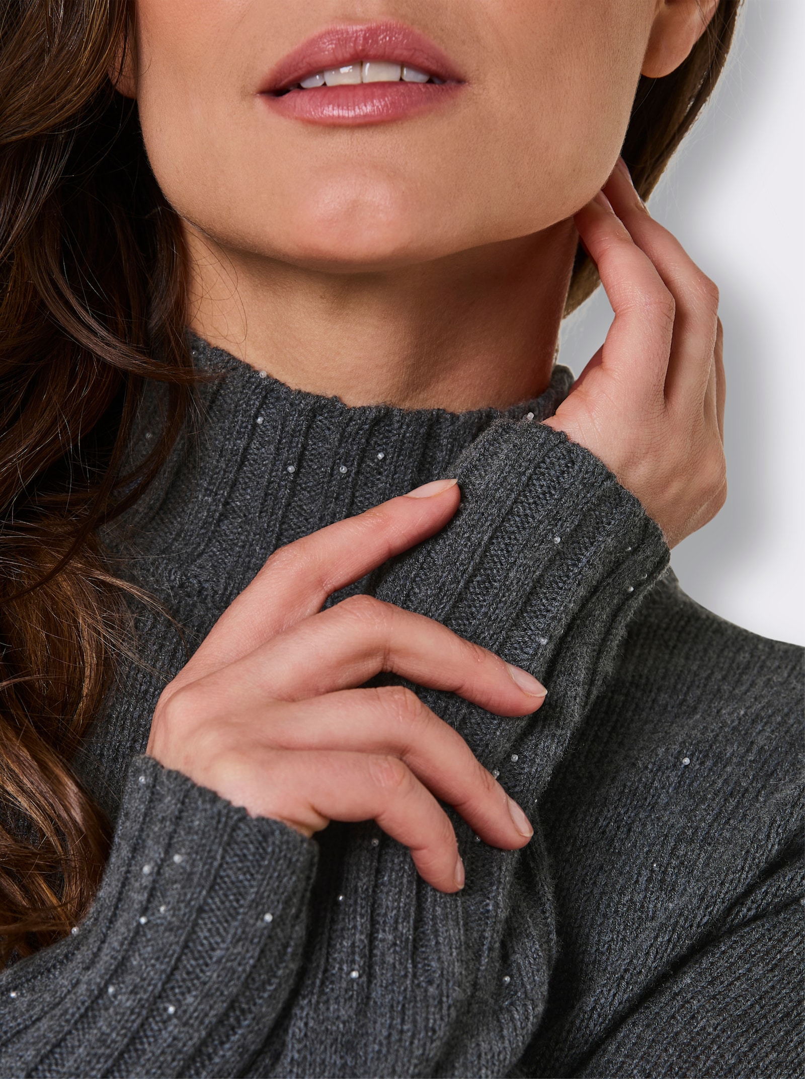 CREATION L PREMIUM Langarm-Pullover mit 10% Kaschmir und Zierperlen - anthrazit