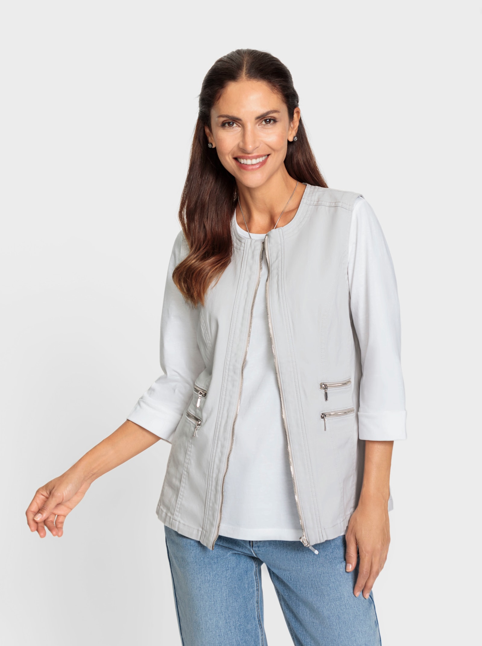 Jeansgilet met ronde hals - lichtgrijs