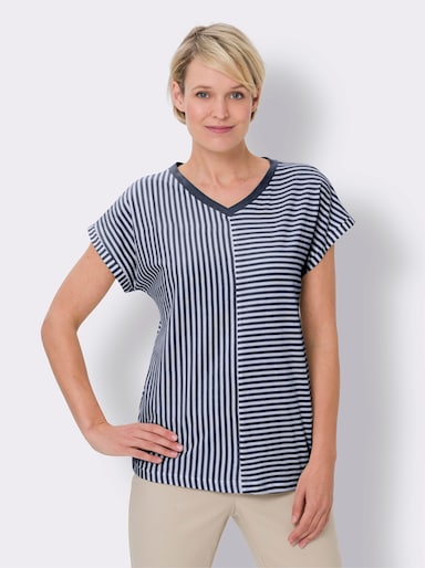 Shirt met V-hals - marine/ecru gestreept