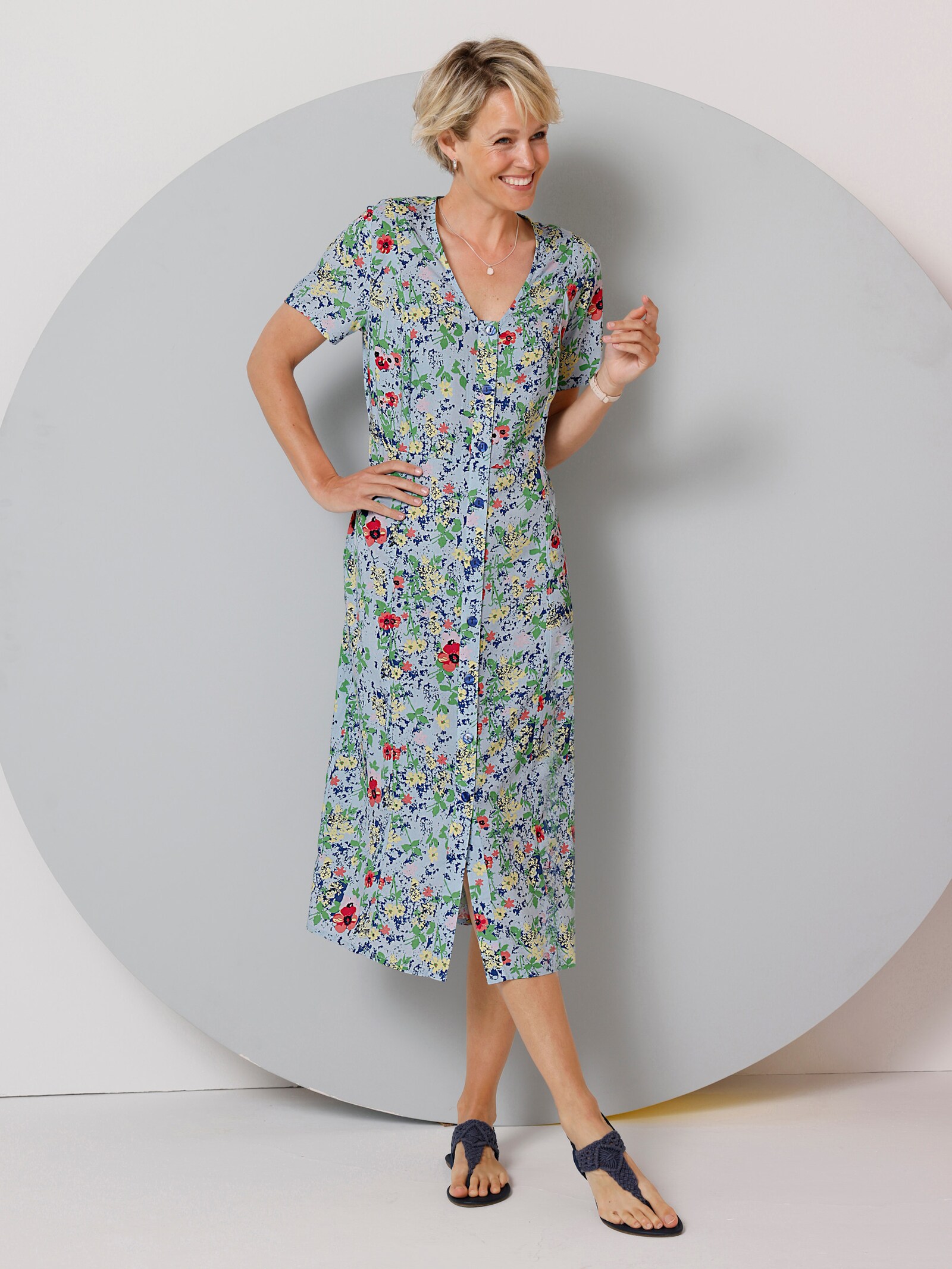 Blumenkleid aus reiner Viskose - eisblau-zitrone-bedruckt