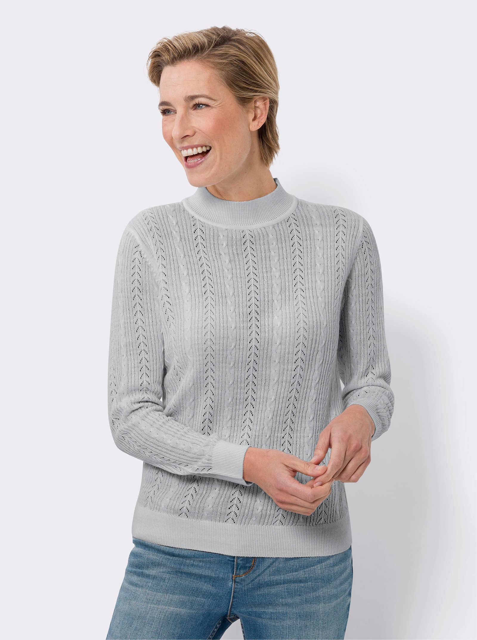 Stehkragenpullover mit Ajour-Muster - hellblau