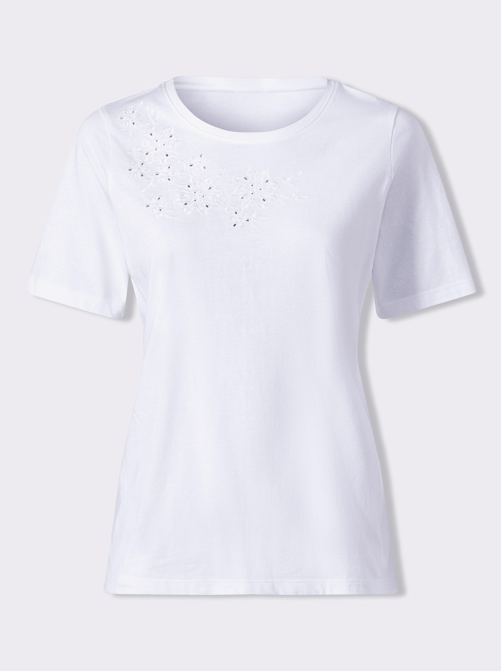 Rundhalsshirt mit Blüten-Lochstickerei - weiß