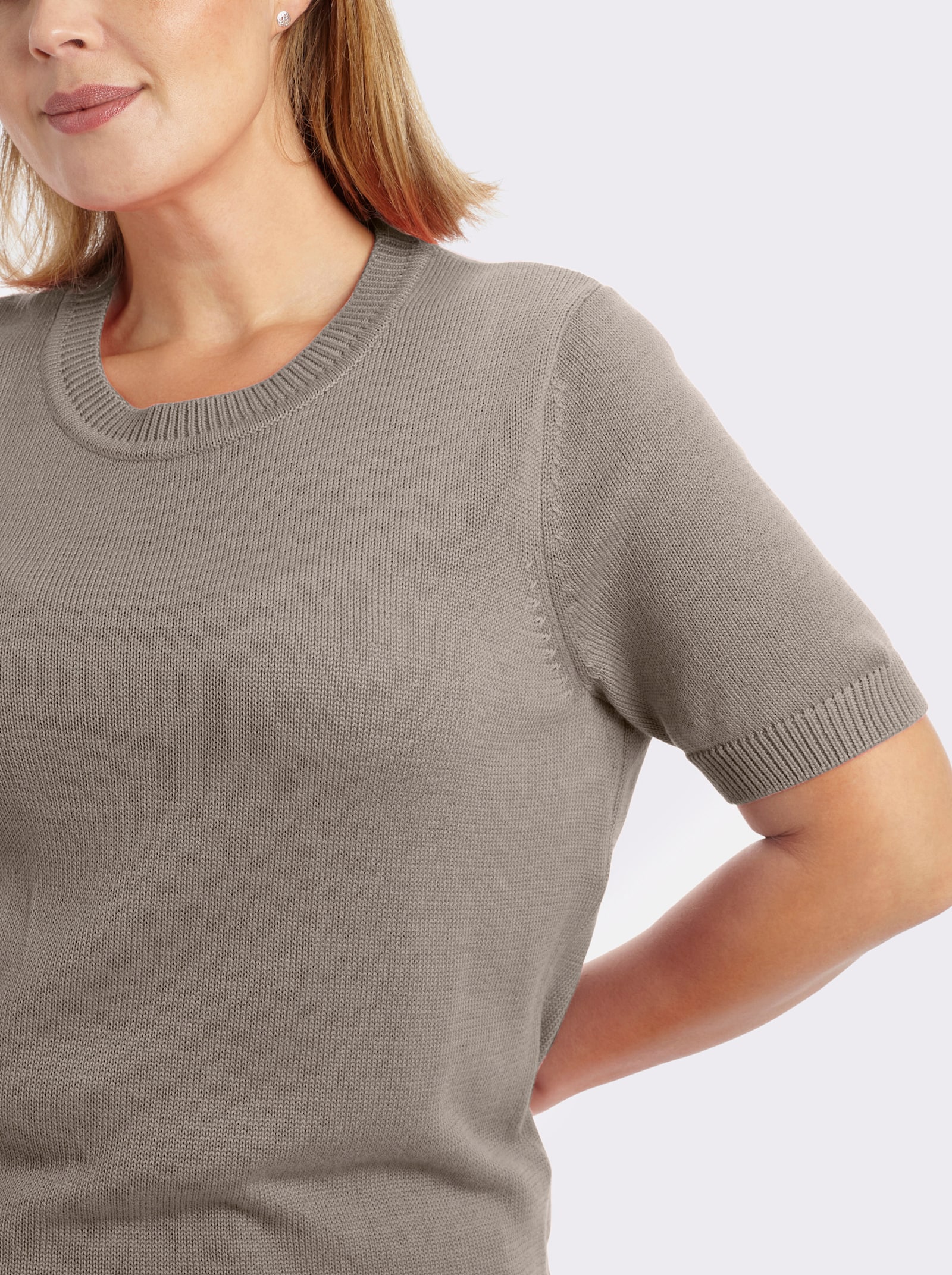 Kurzarmpullover mit Rippabschlüssen - taupe-meliert