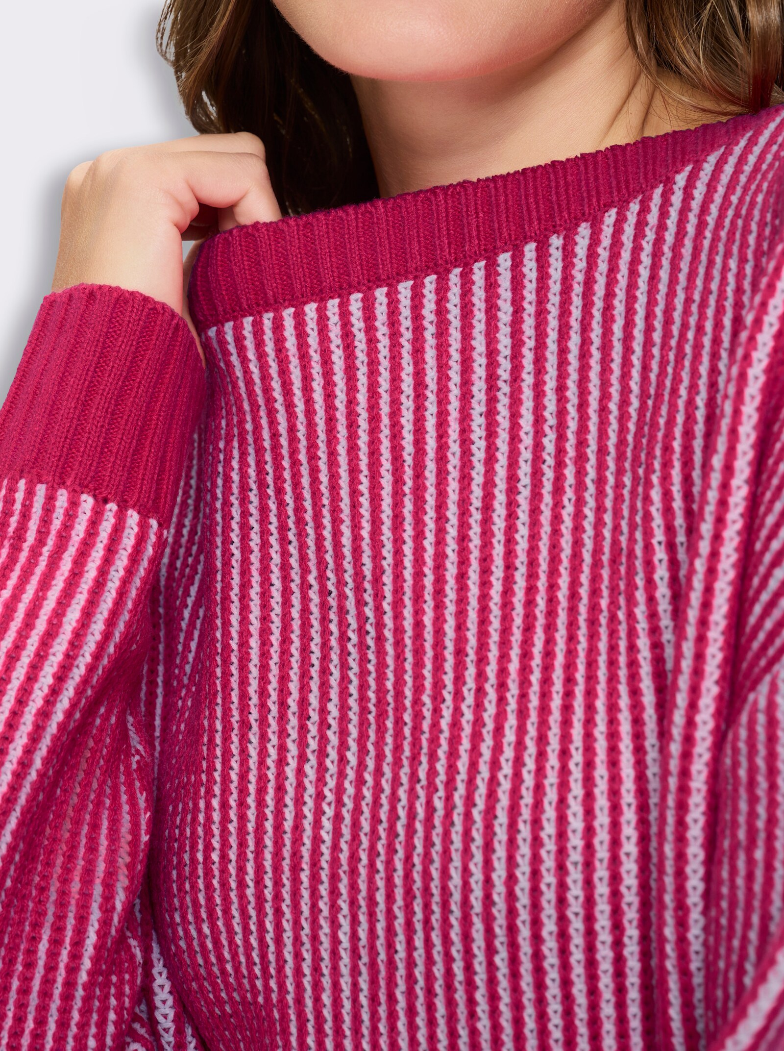 Longpullover in Ripp-Optik - pink-weiß