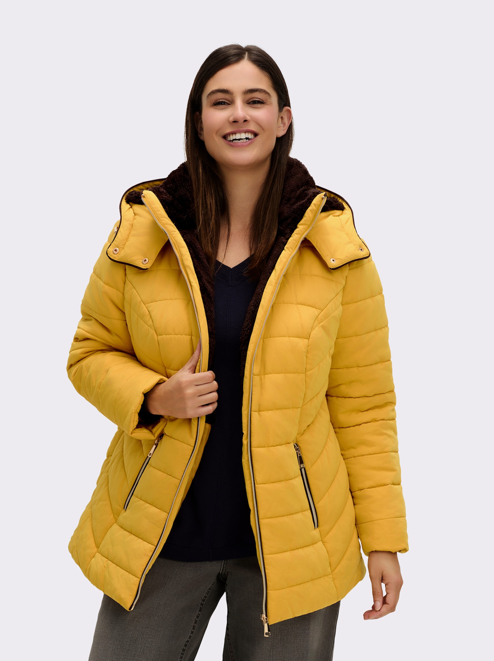 Steppjacke mit Teddy-Fleece innen - curry