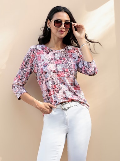 3/4-Arm-Shirt in Patchwork-Optik - fuchsia-rauchblau-bedruckt