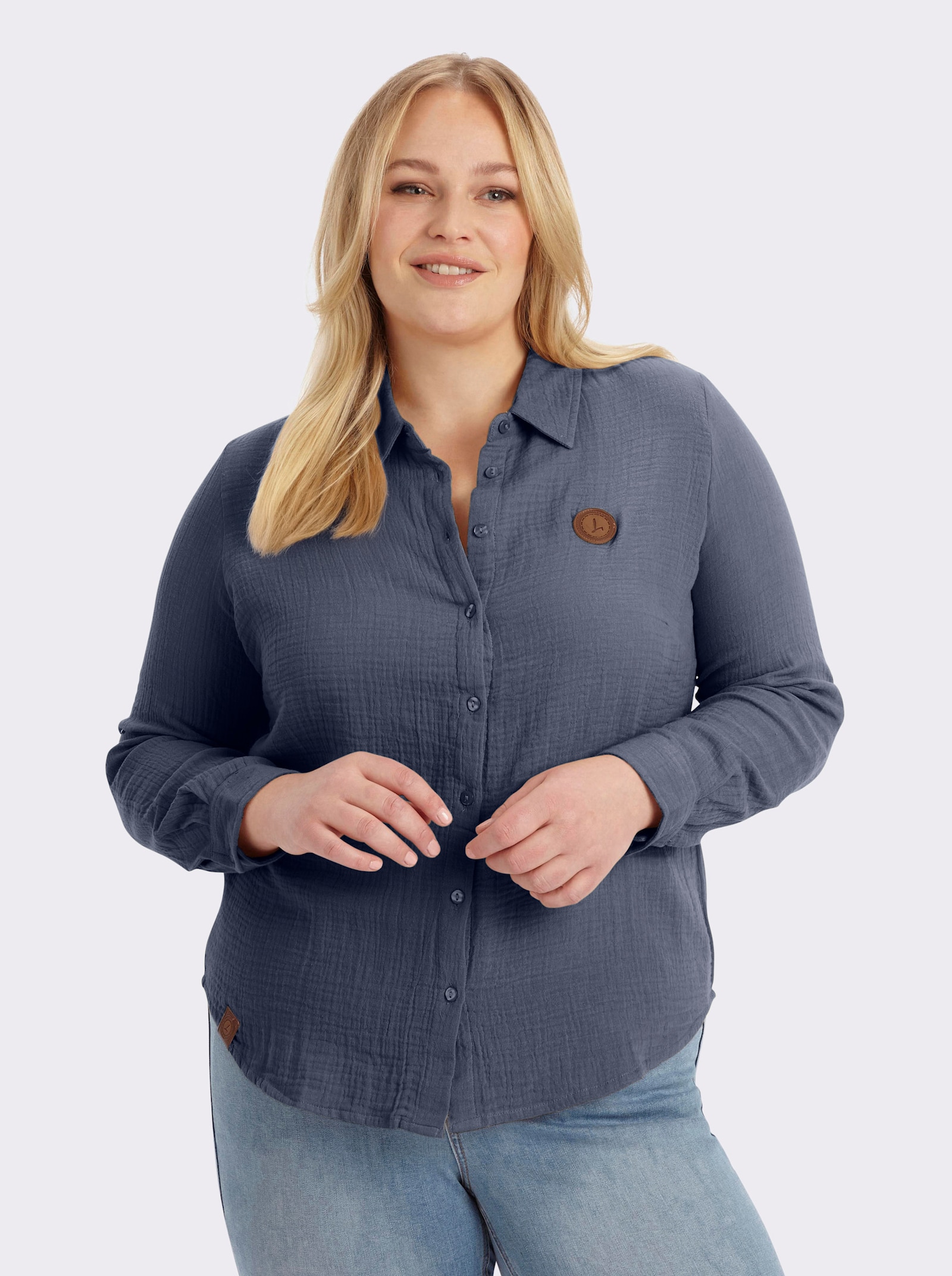 Baumwollbluse mit krempelbaren Ärmeln - rauchblau