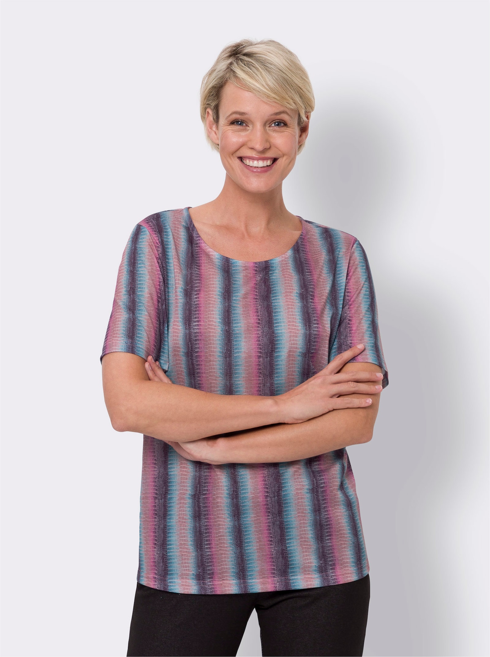 Tričko s krátkým rukávem s podélnými proužky - tyrkysová-růženínová-potisk