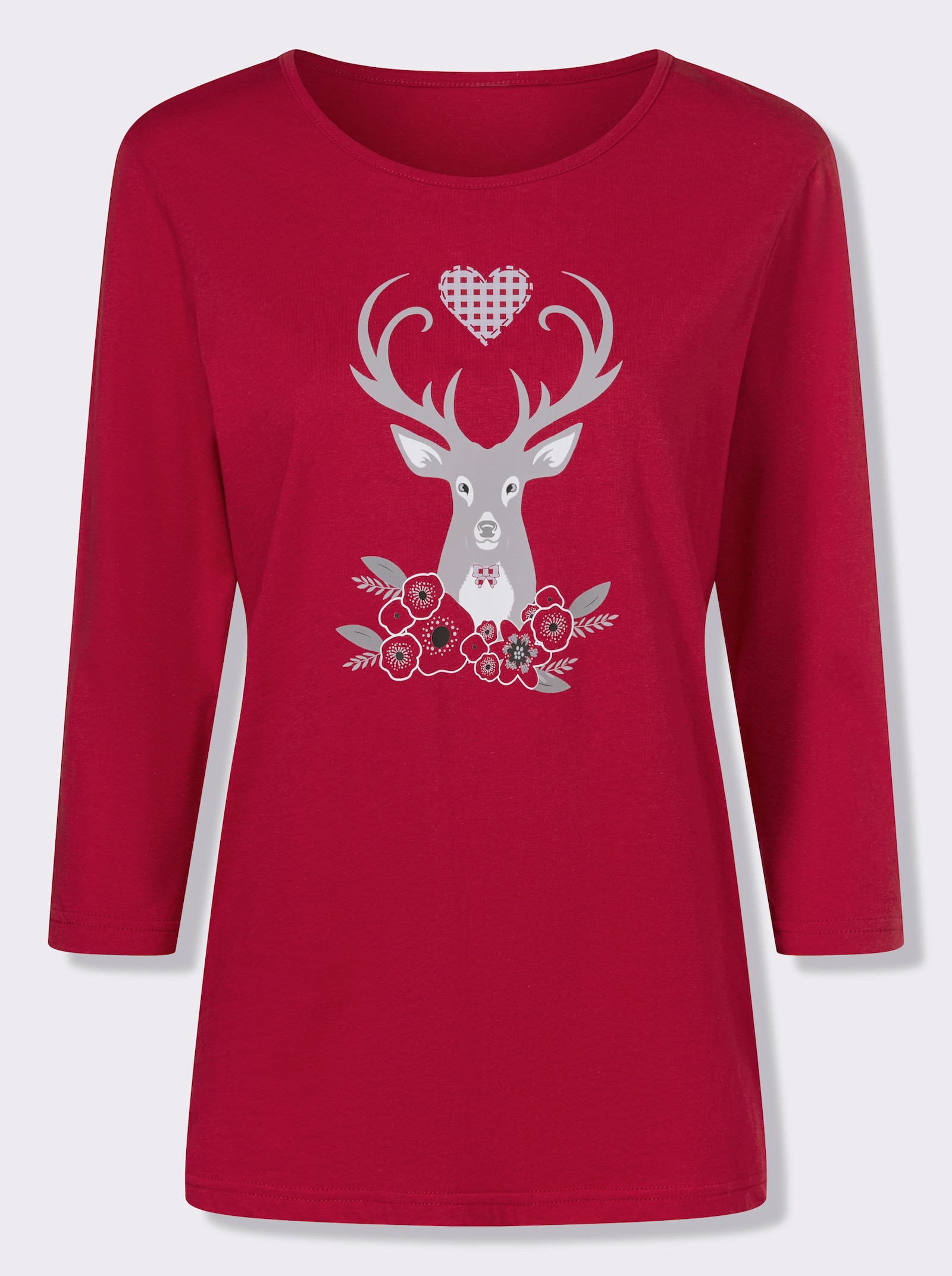 Shirt met 3/4-mouwen en hertenmotief - rood/wit geprint