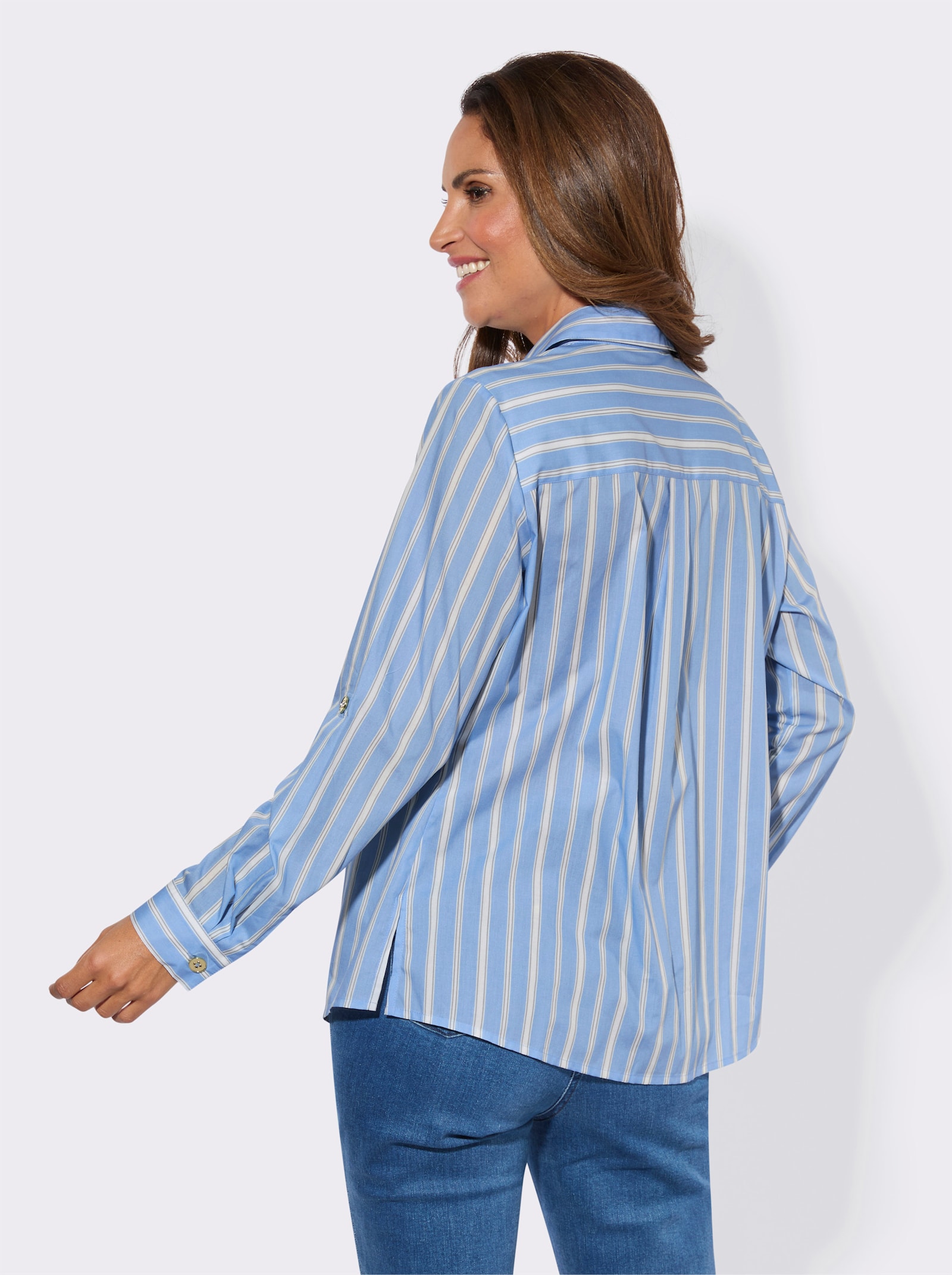 Hemdbluse mit Krempelärmeln - himmelblau-ecru-gestreift
