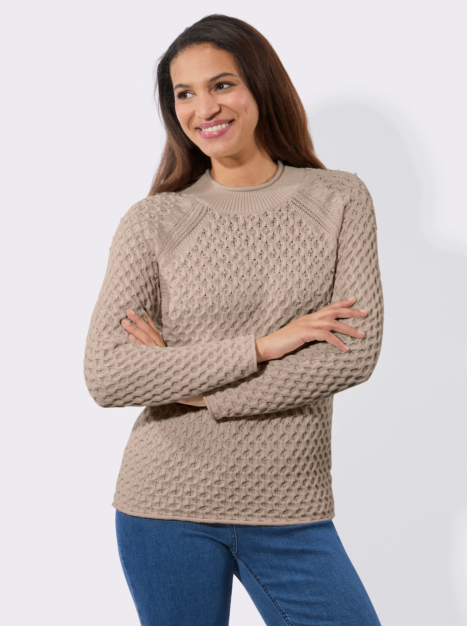 Stehkragenpullover mit Zierperlen - sesam