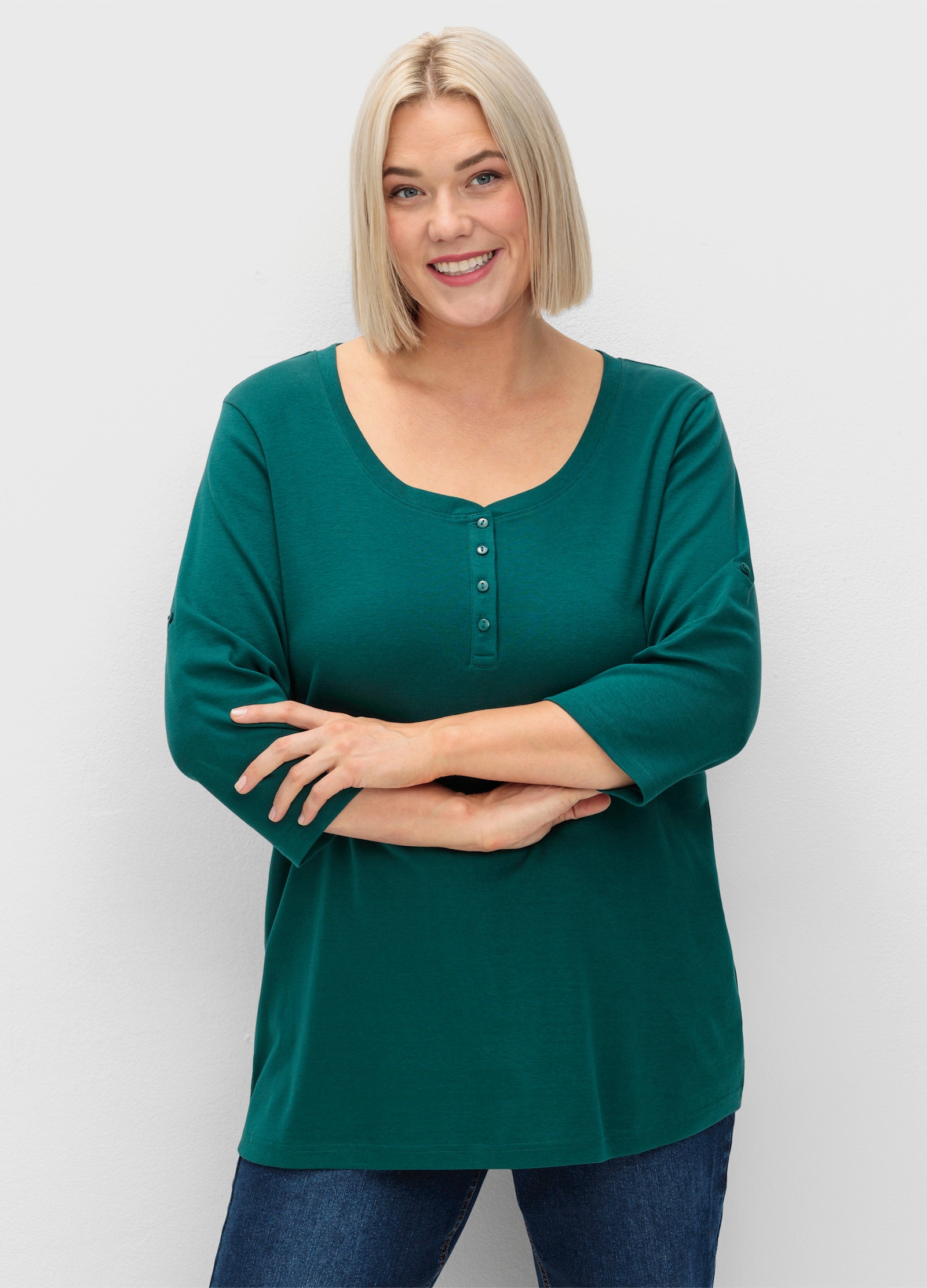 sheego Shirt met 3/4-mouwen en Henley-kraag - petrol