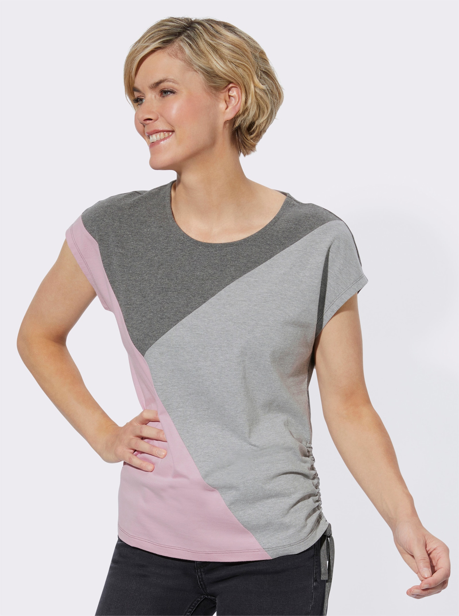 Rundhalsshirt mit Colour-Blocking - anthrazit-rosé