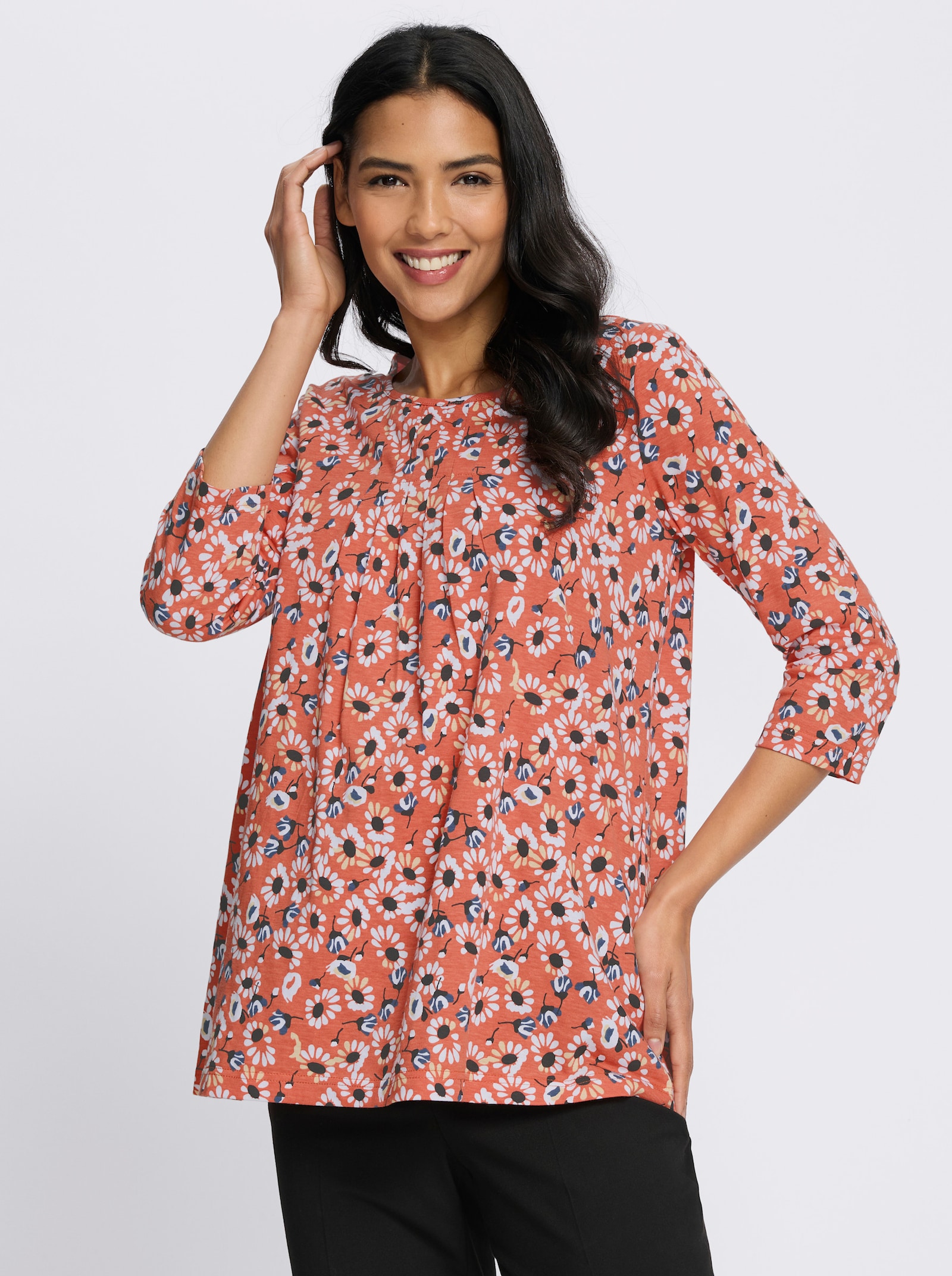 Longshirt im Blüten-Dessin - papaya-schwarz-bedruckt