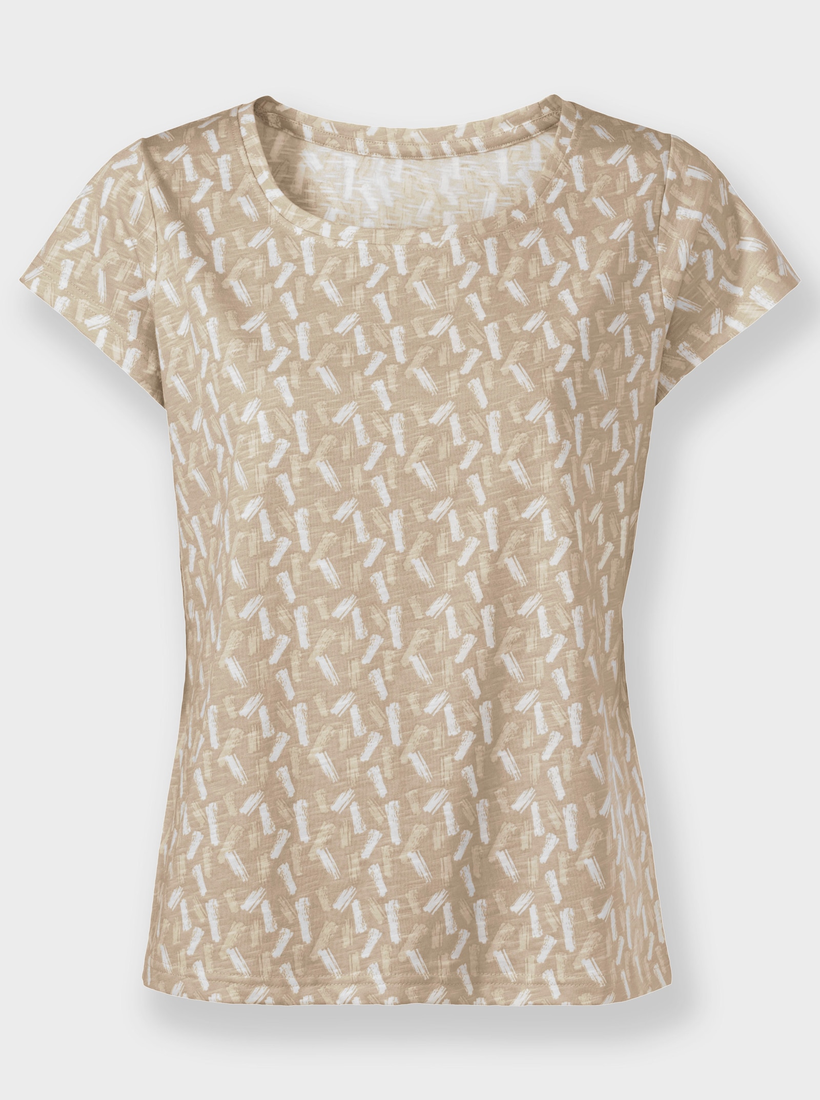 Rundhalsshirt mit Flammgarn-Struktur - beige-ecru-bedruckt