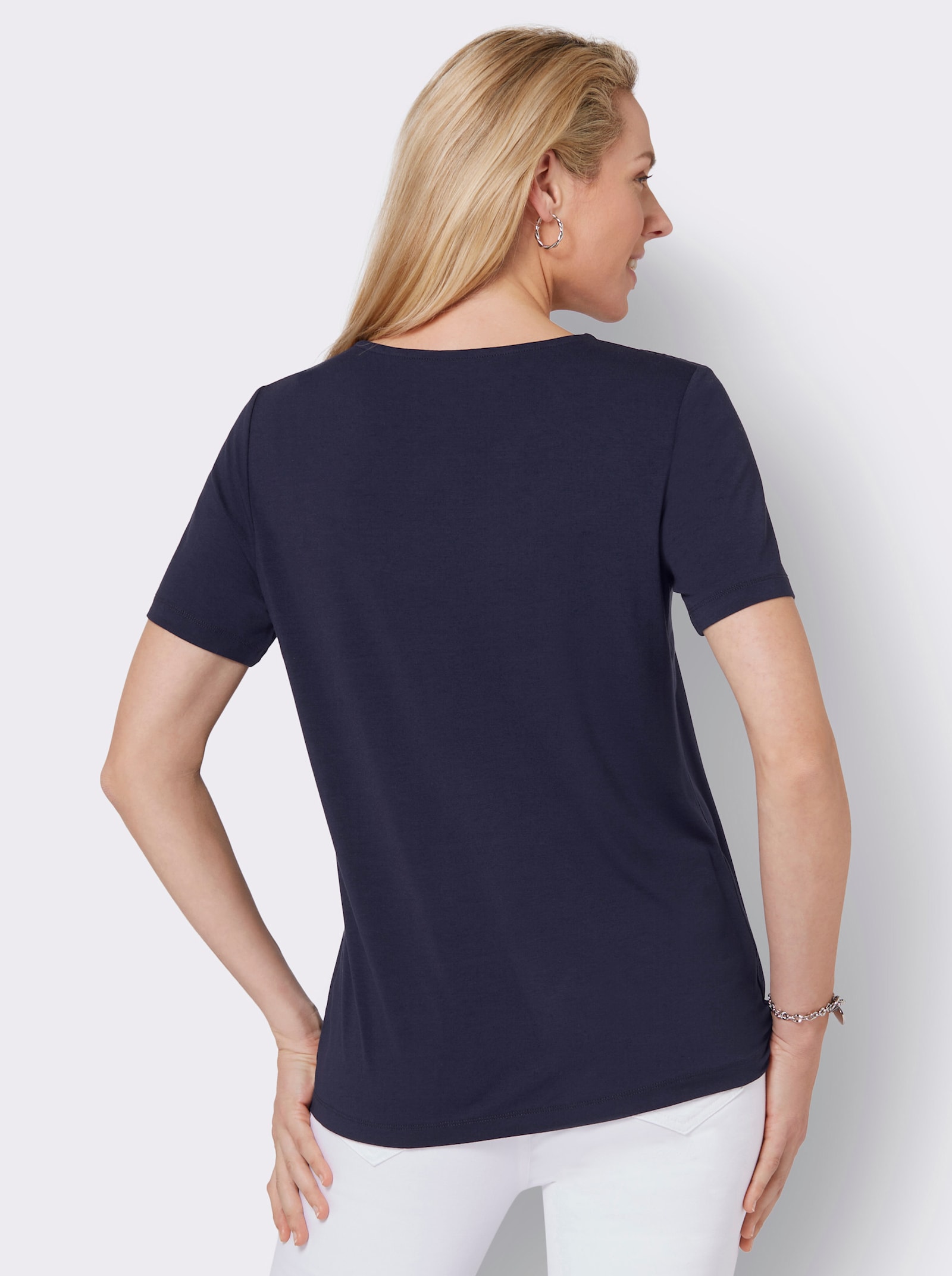 Rundhalsshirt mit Spitzen-Einsatz - marine