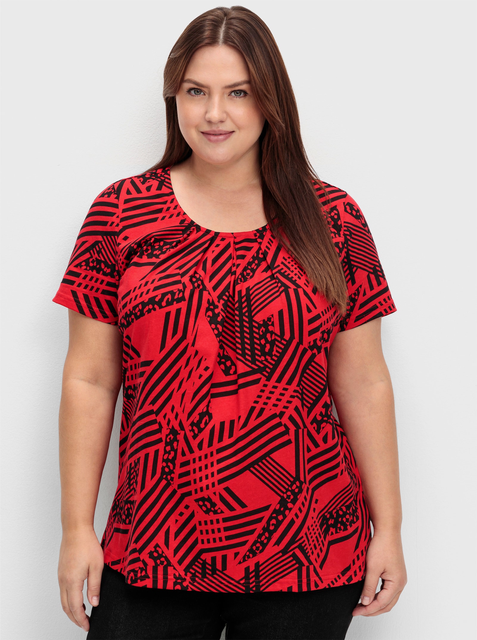 Longshirt in A-Form mit Falten - rot-gemustert