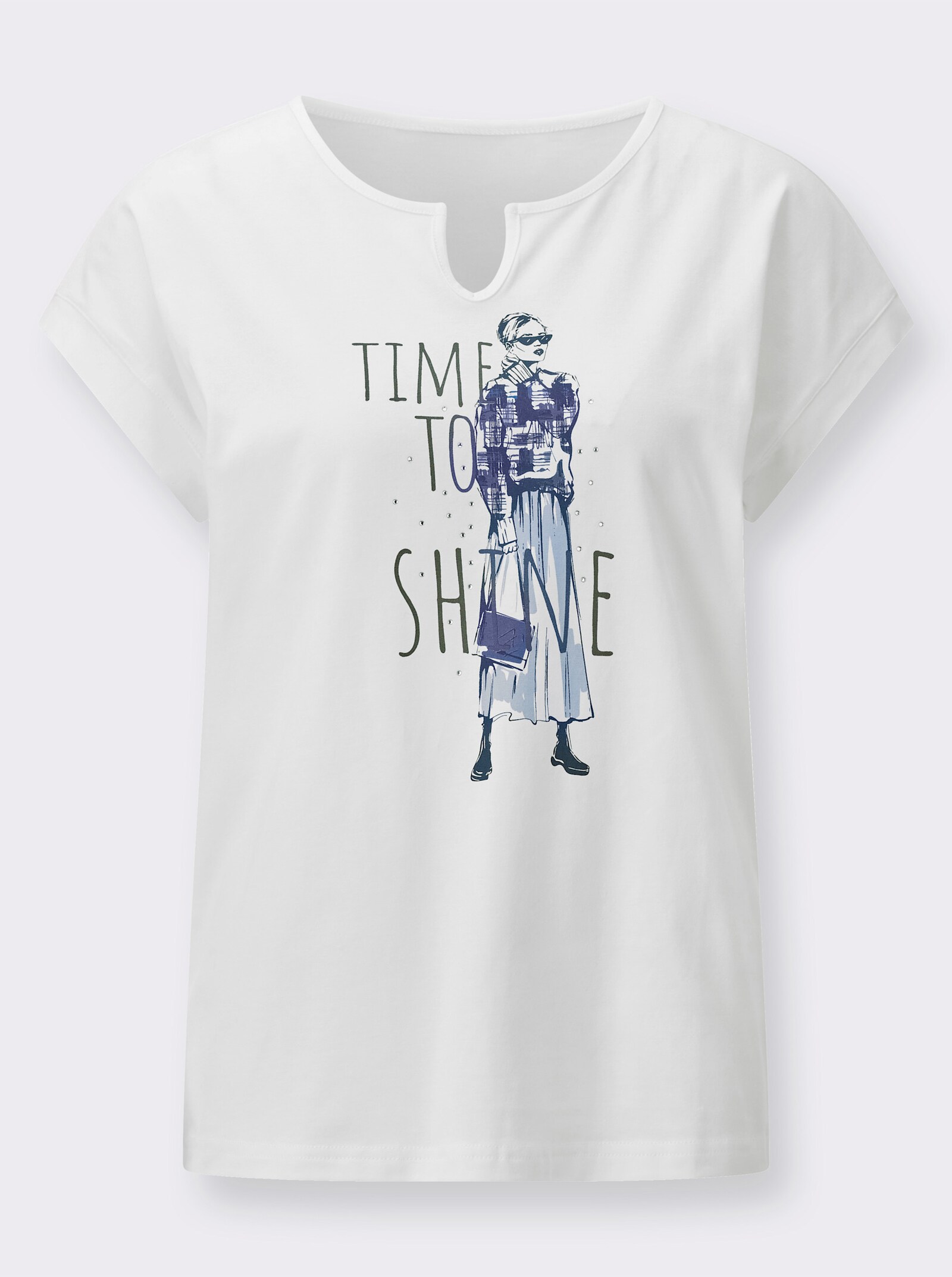 Rundhalsshirt mit Druckmuster und Glitzersteinchen - ecru-royalblau-bedruckt
