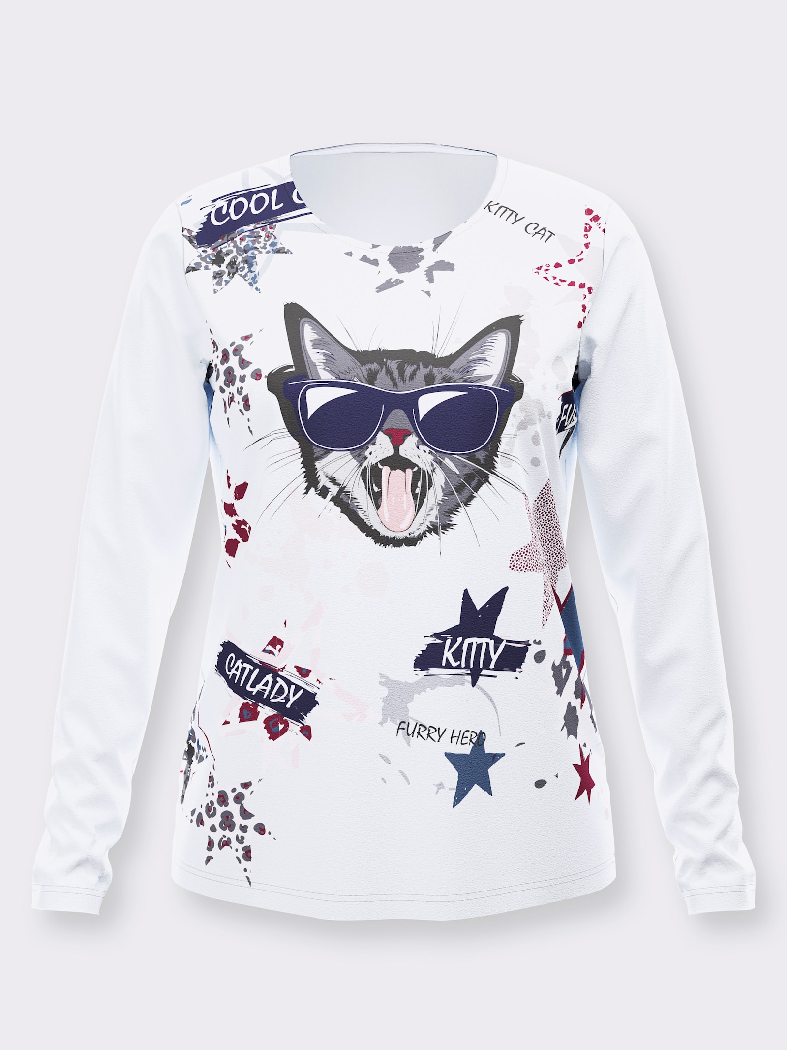 Langarmshirt mit Katzen-Motiv - marine-weiß-bedruckt