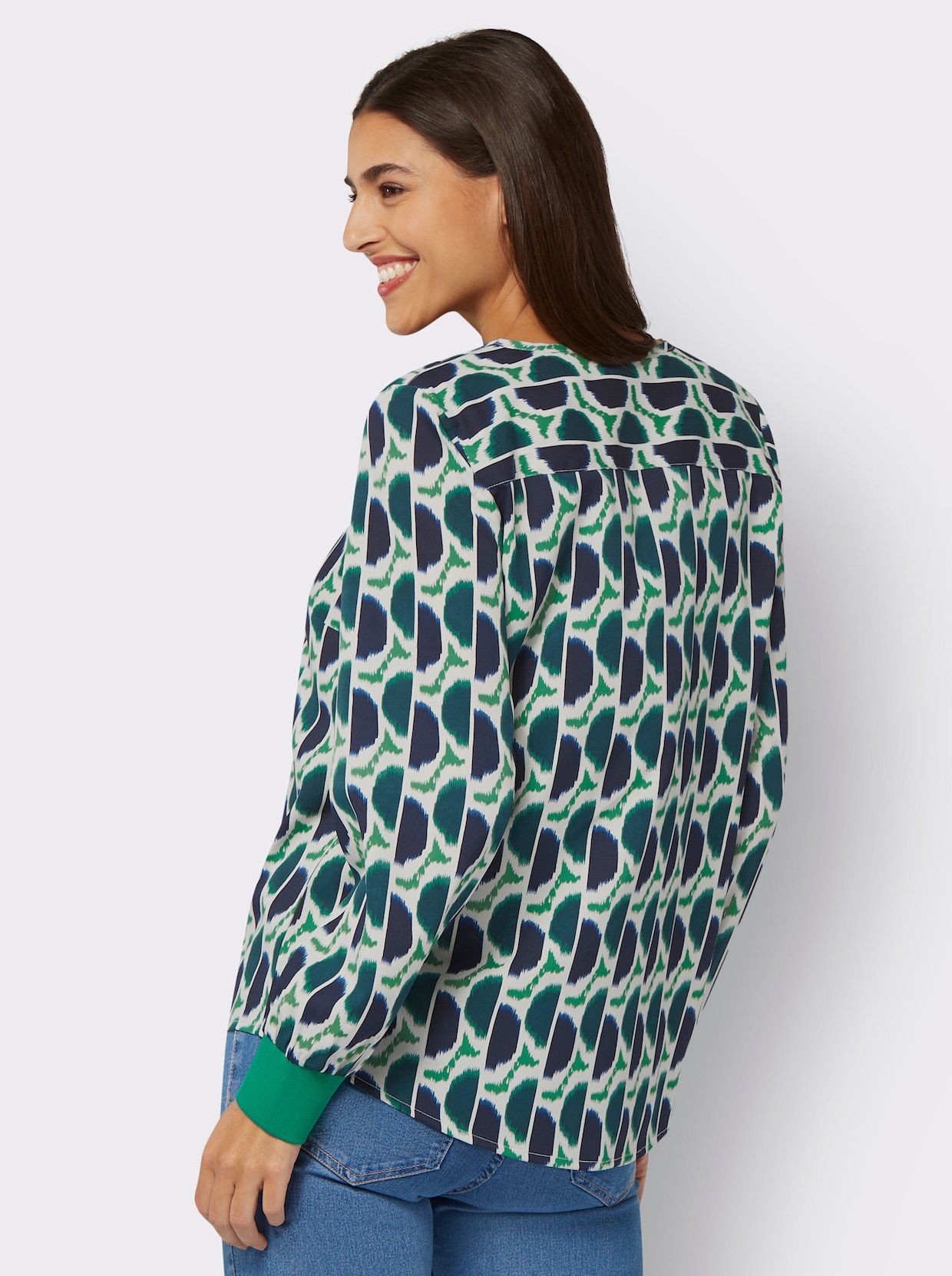 Comfortabele blouse - smaragdgroen/marine/bedrukt