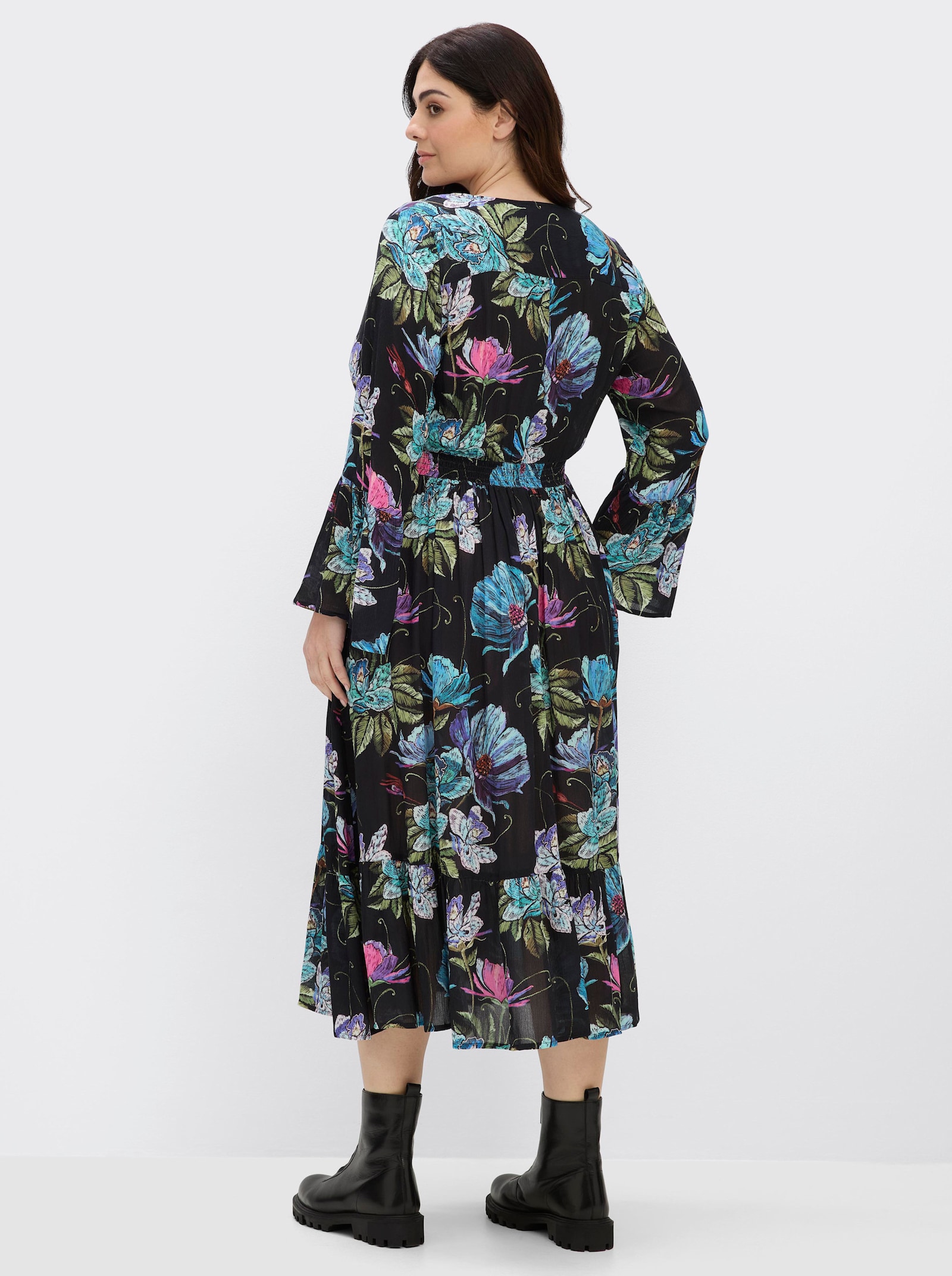 sheego by Joe Browns Volantkleid mit Blumenprint - schwarz-aubergine-gemustert