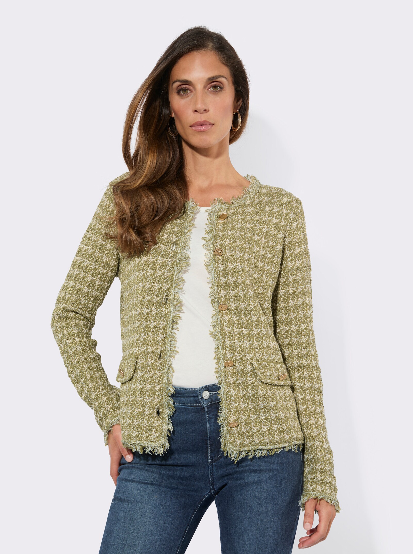 Strickjacke mit Fransen-Verzierung - schilf-champagner-meliert