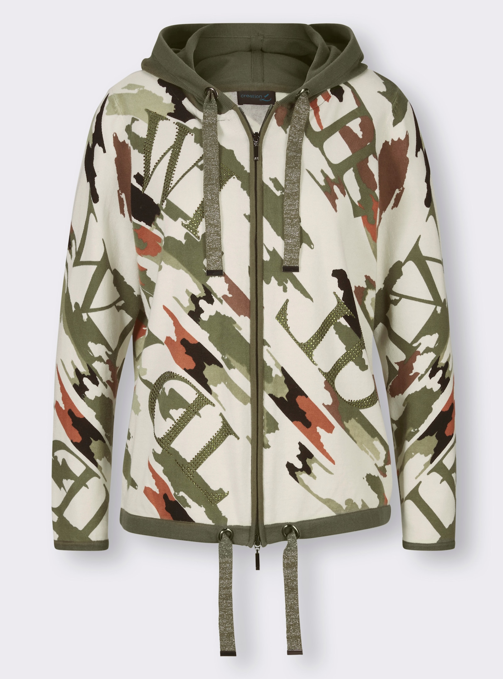 Kapuzenstrickjacke mit Druck und Glitzersteinchen - champagner-khaki-bedruckt