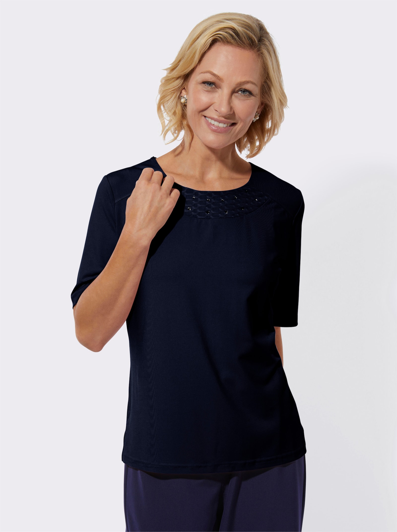 Rundhalsshirt mit Schulterpasse vorne - marine