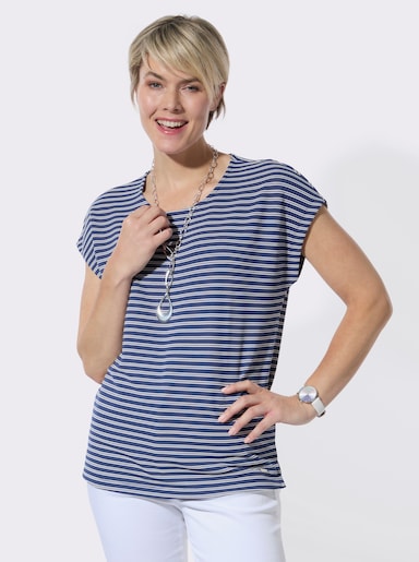 Rundhalsshirt mit zweifarbigem Jacquardmuster - jeansblau-ecru-geringelt