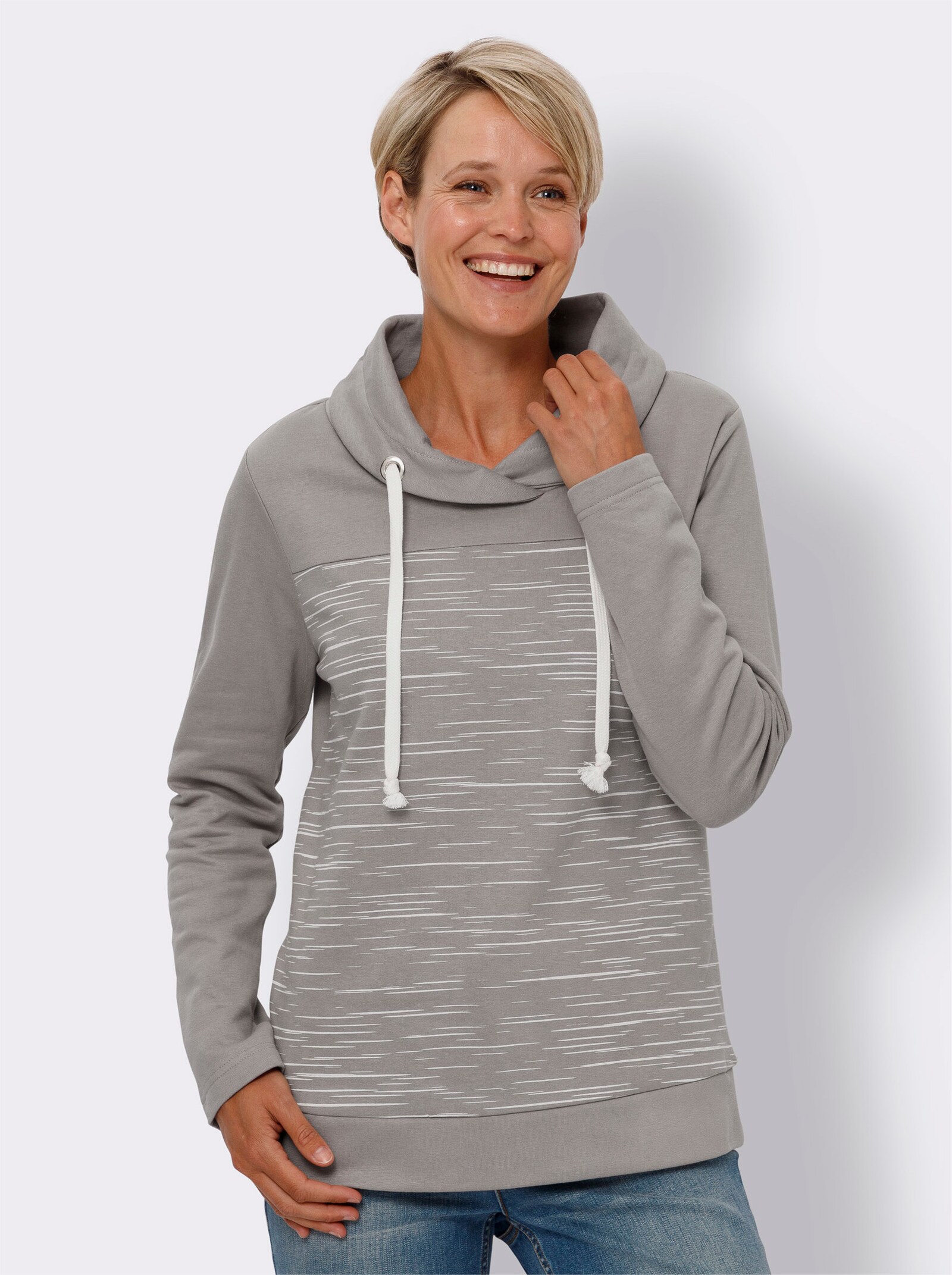 Sweatshirt med polokrage - stengrå-ecru-med tryck