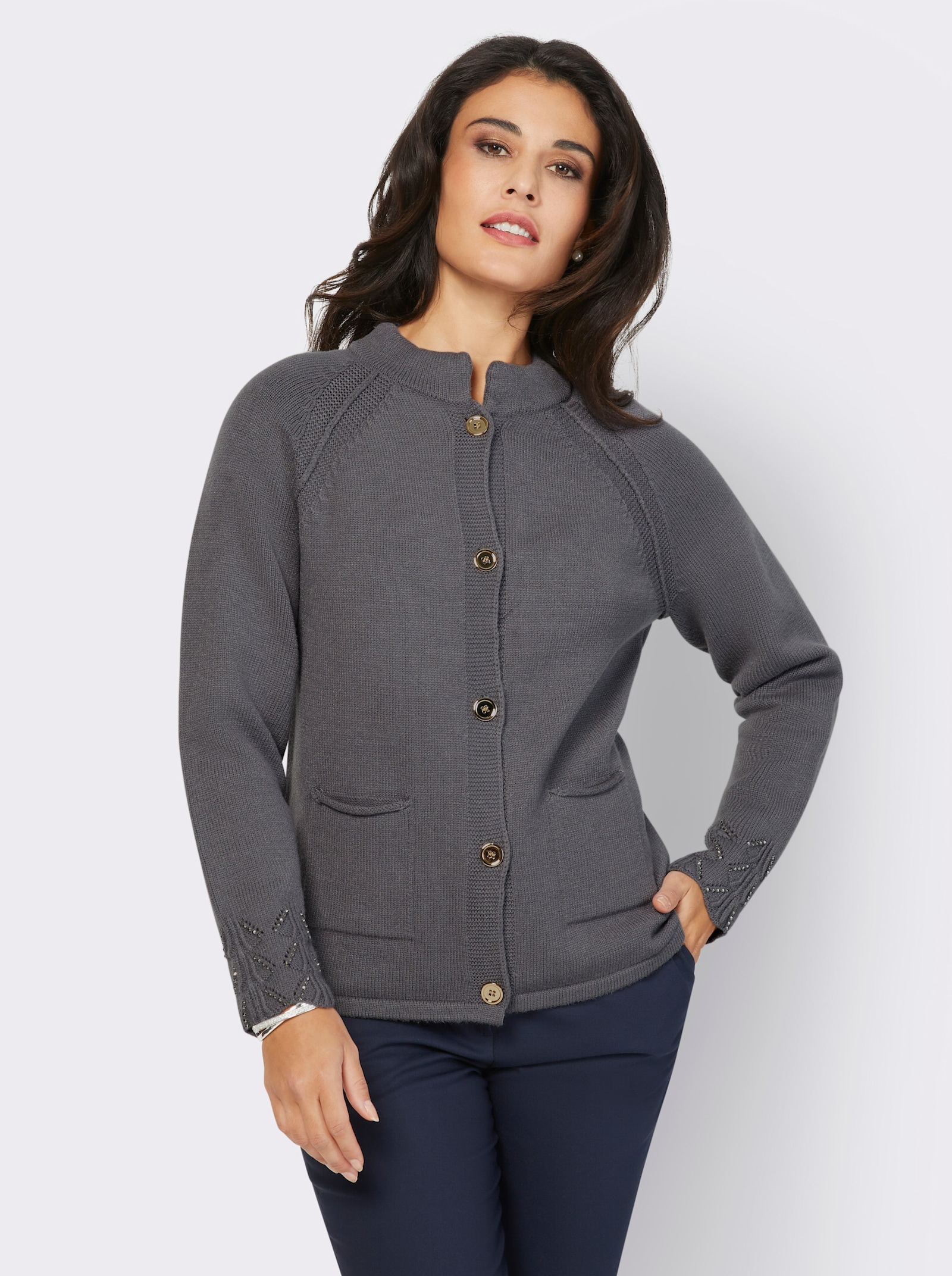 Strickjacke mit Ajourbordüre - anthrazit