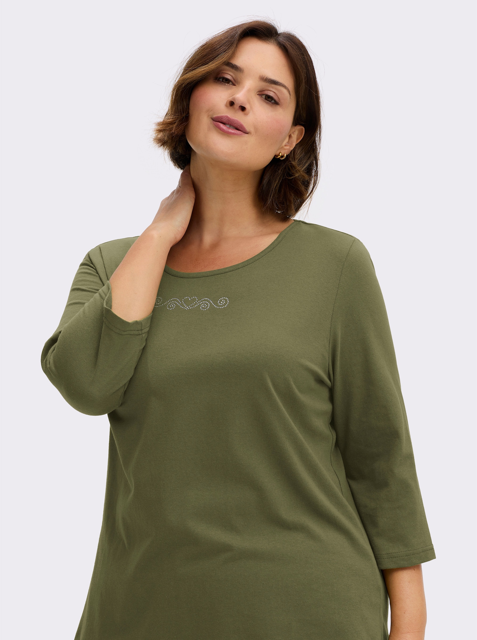 3/4-Arm-Shirt mit Ziersteinchen - oliv