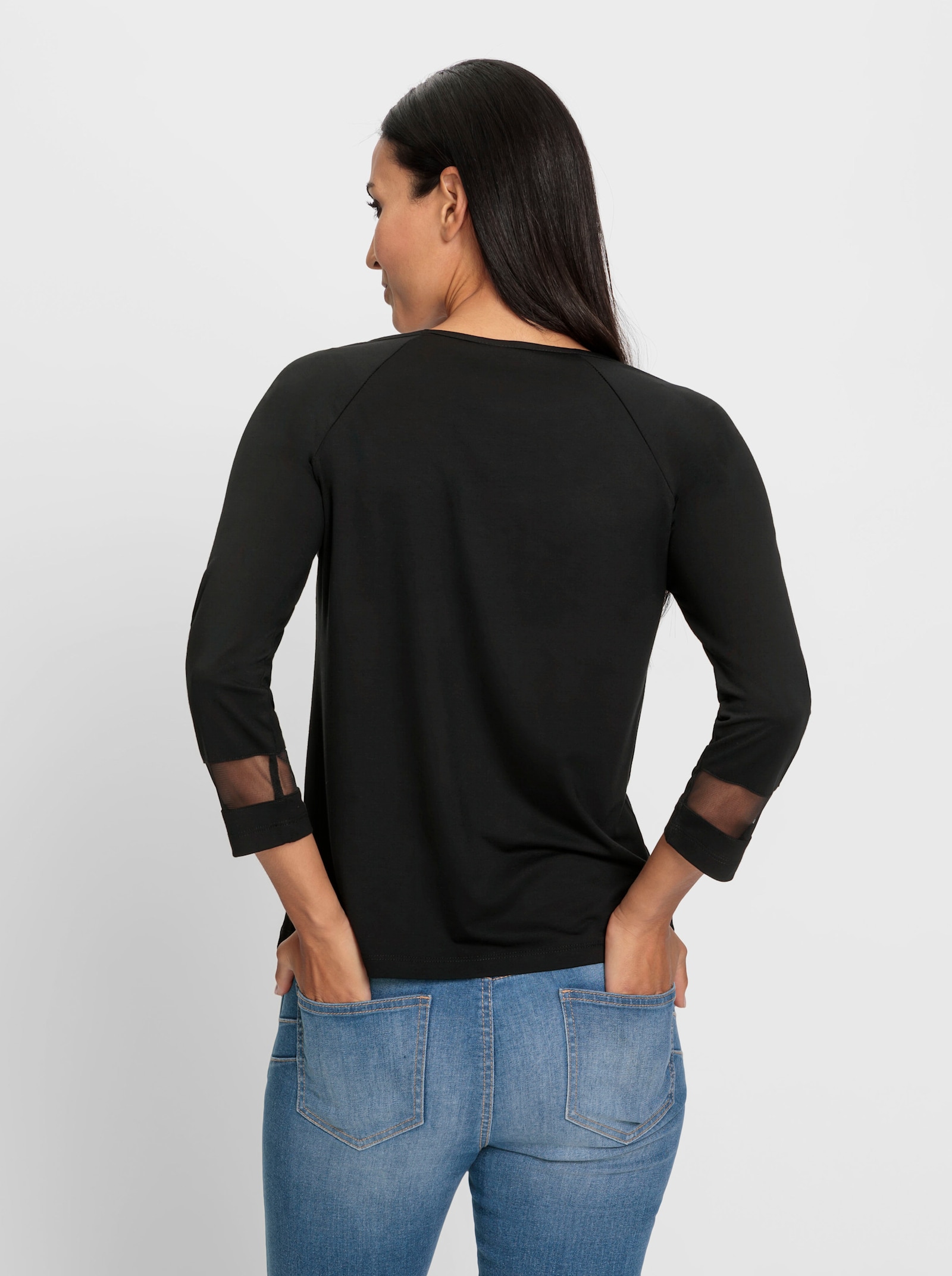 heine Shirt met ronde hals en transparante mesh-inzet - zwart