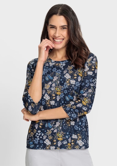 Print-Shirt in Feinststrick-Optik - marine-sesam-bedruckt