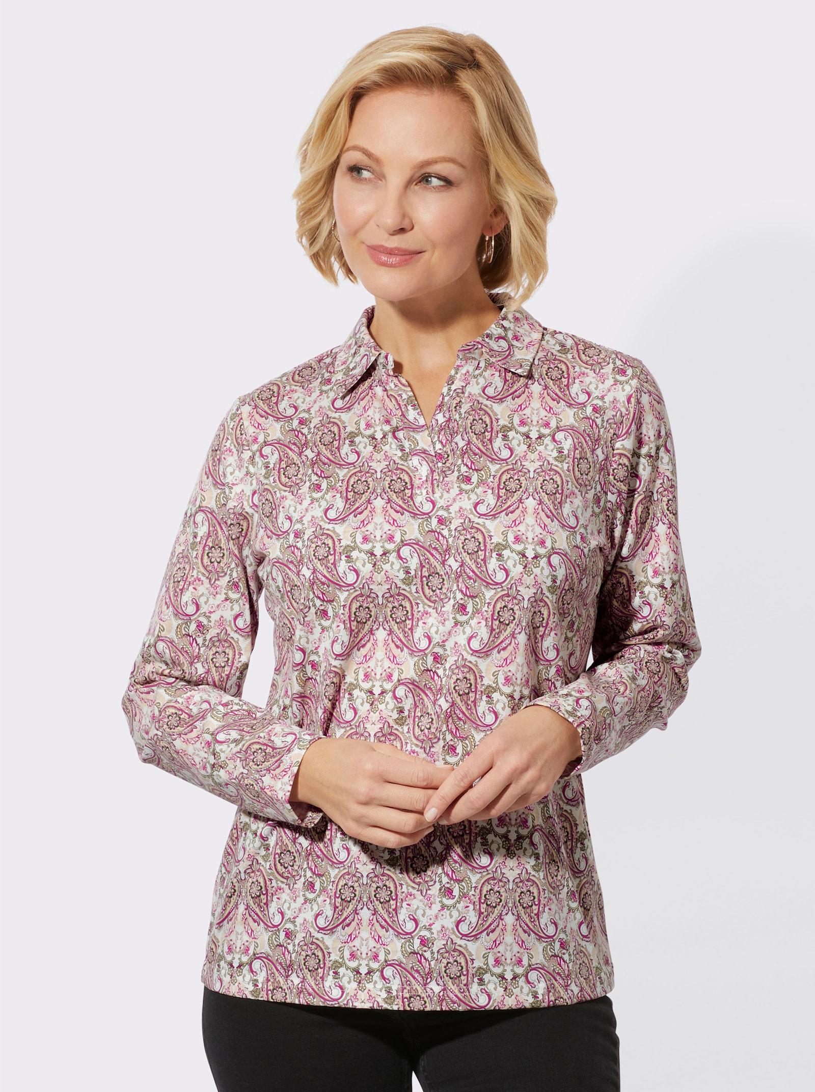 Poloshirt van single-jerseykwaliteit met lange mouwen - sesam/roze bedrukt