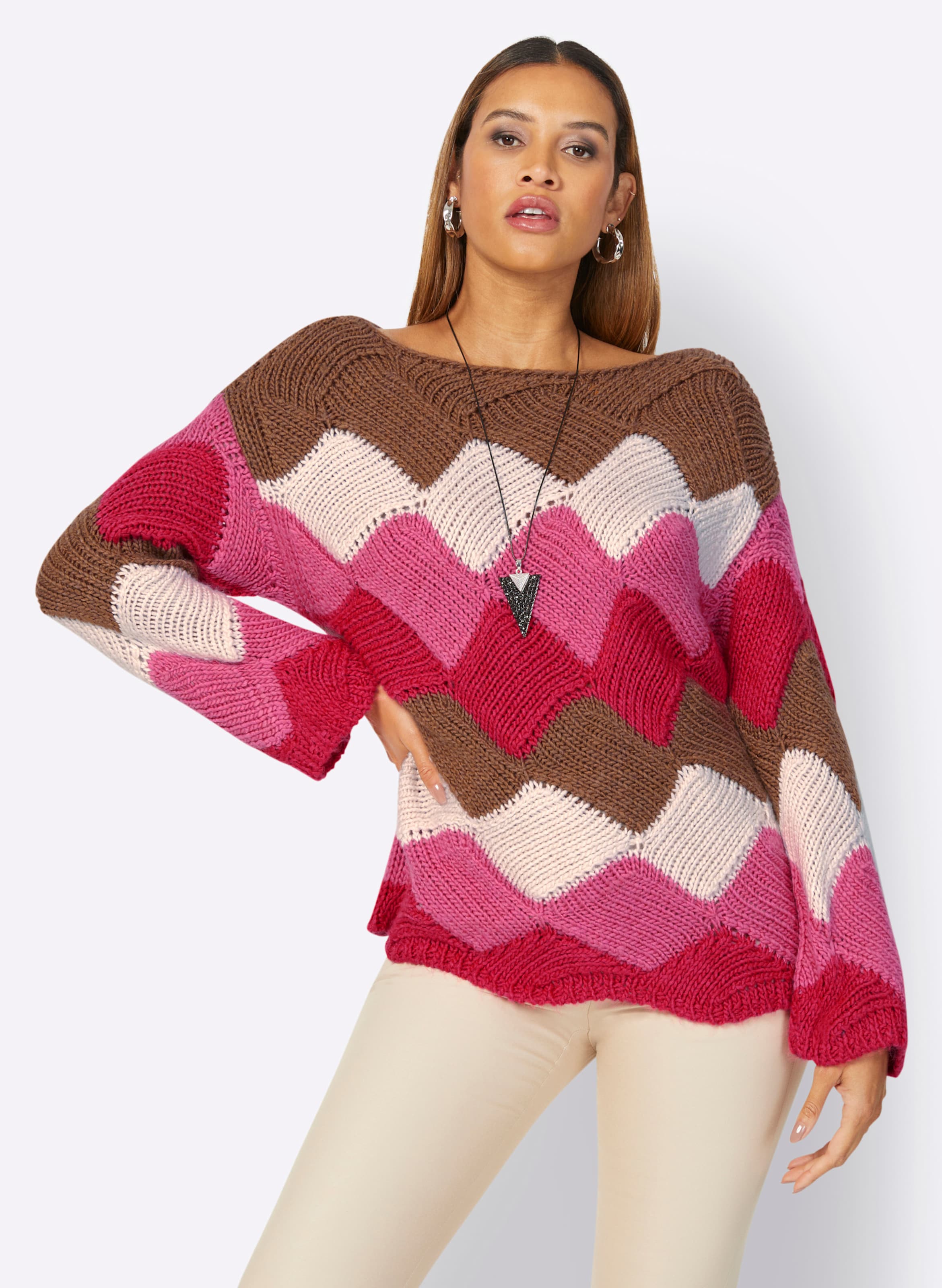 ck Bunte günstig Kaufen-Pullover in braun-pink-gemustert von heine. Pullover in braun-pink-gemustert von heine <![CDATA[Exklusives Dessin! Wie geflochten wirkt das bunte Strickmuster bei diesem Pullover. Mit trendigem U-Boot-Ausschnitt und langen Ärmeln.]]>. 