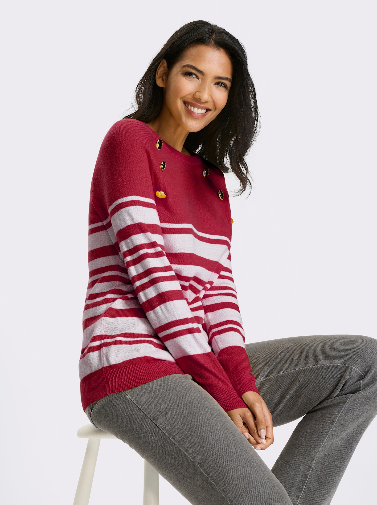 Langarm-Pullover mit goldfarbenen Knöpfen - rot-weiß-geringelt
