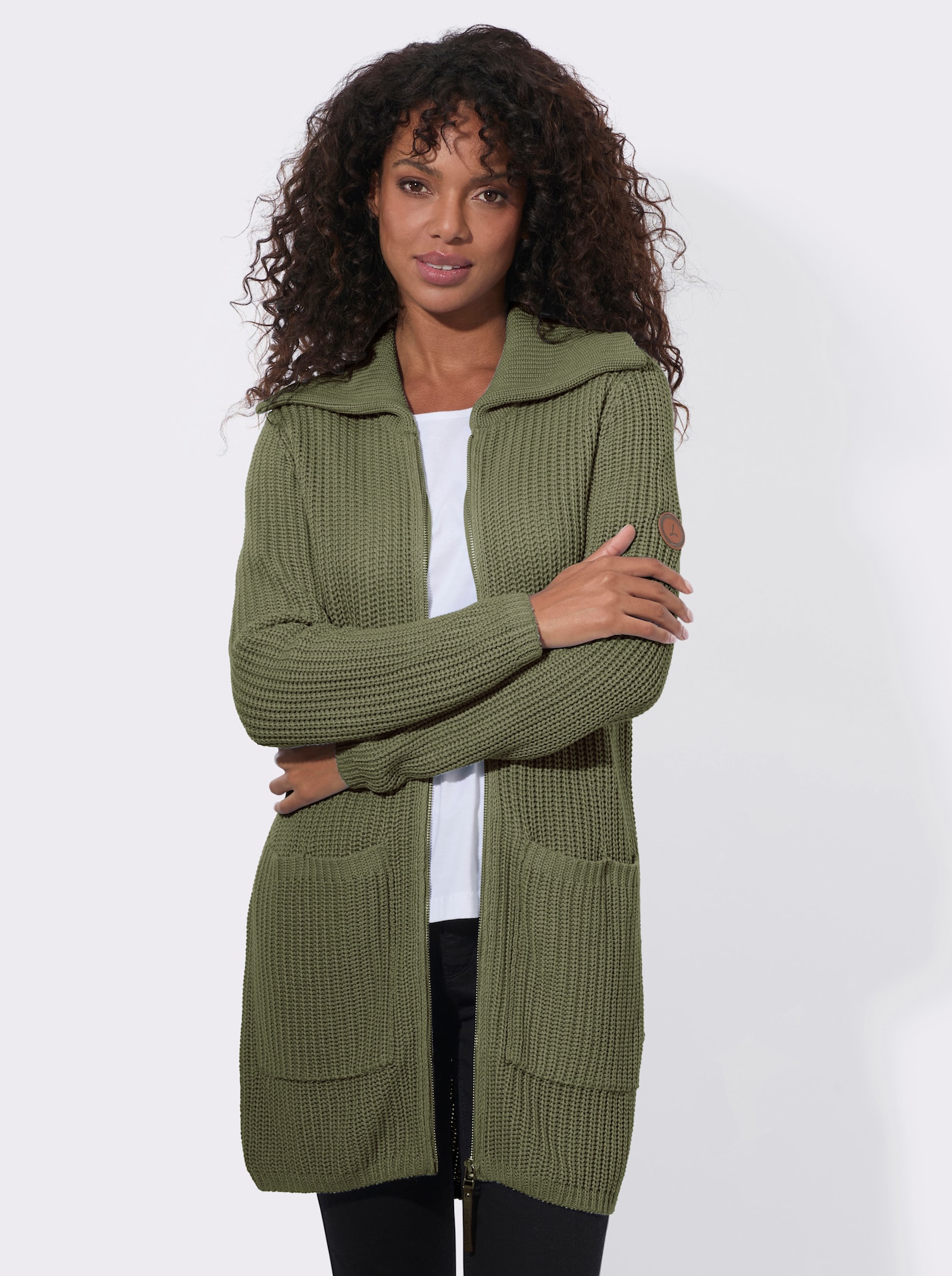 Longstrickjacke mit Umlegekragen - khaki