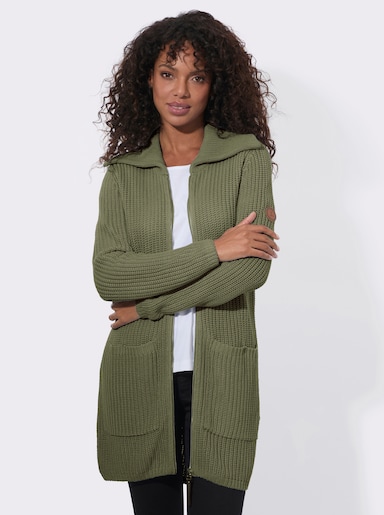Longstrickjacke mit Umlegekragen - khaki
