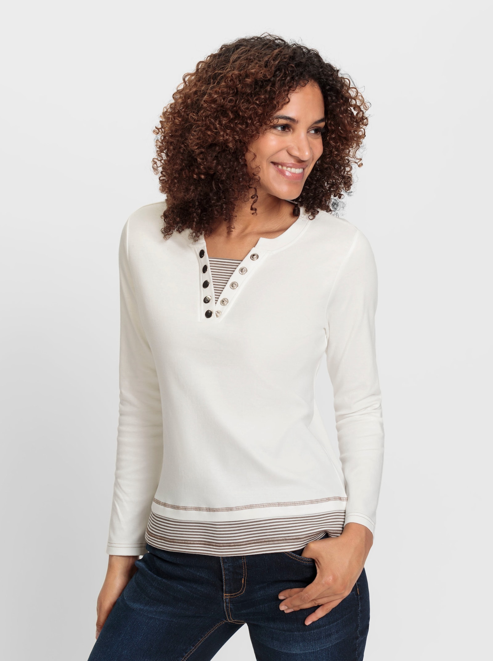 Rundhalsshirt mit gestreiften Einsätzen - ecru-dunkeltaupe-geringelt