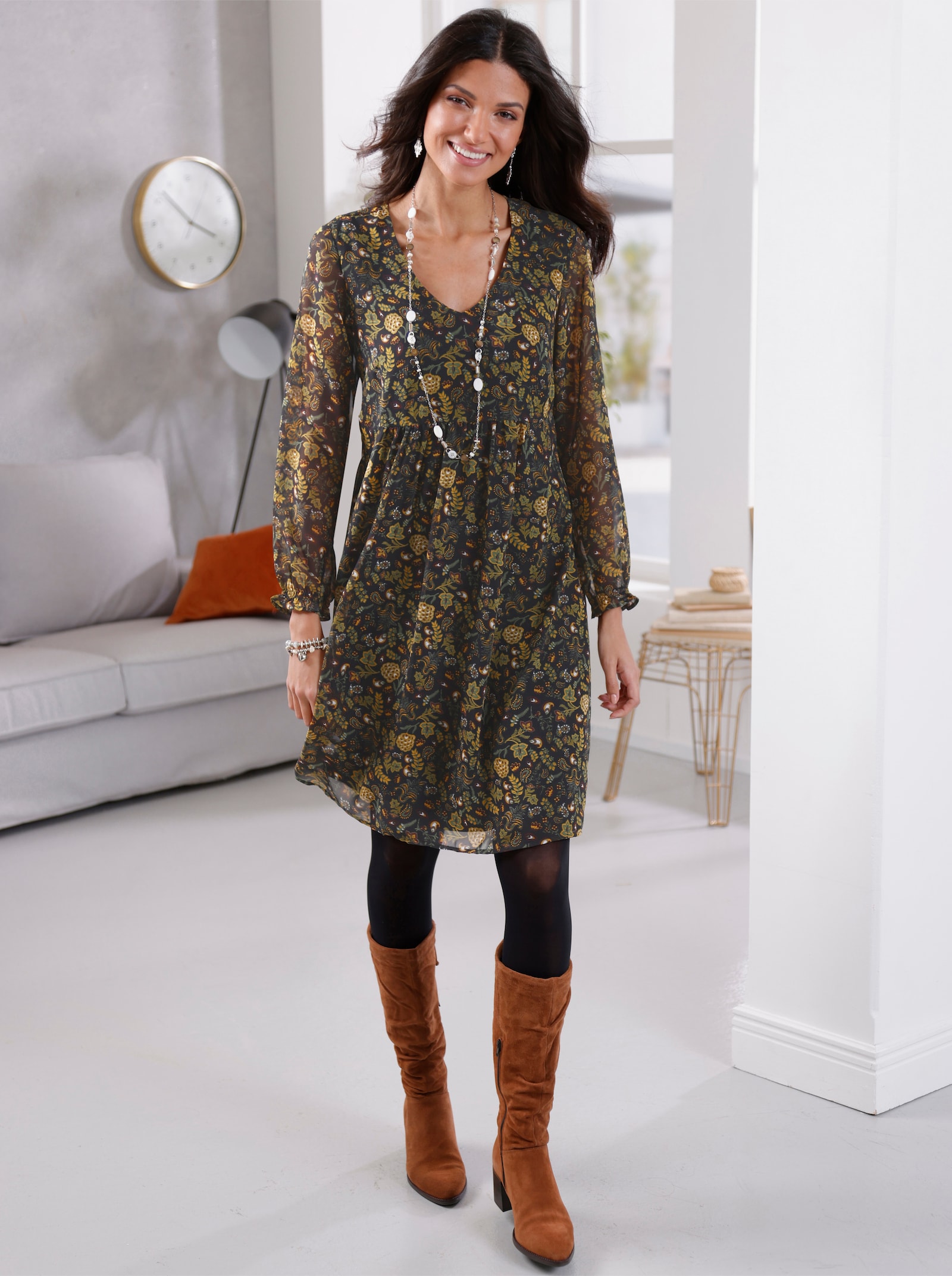 A-Linien-Kleid mit Raffungen vorne - schwarz-ocker