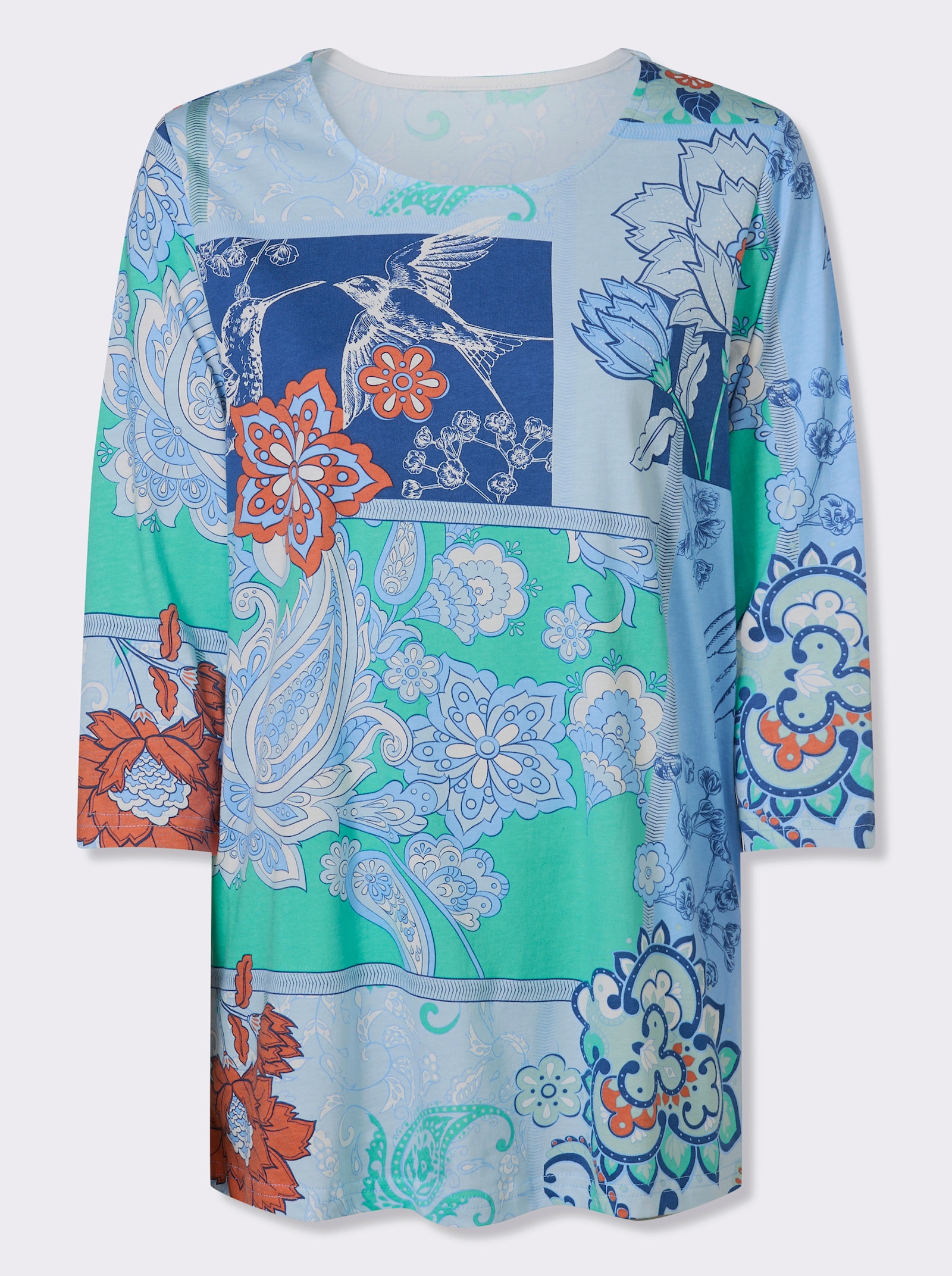 Dlouhé tričko s patchworkovým potiskem - královská modrá-nebesky modrá-potisk