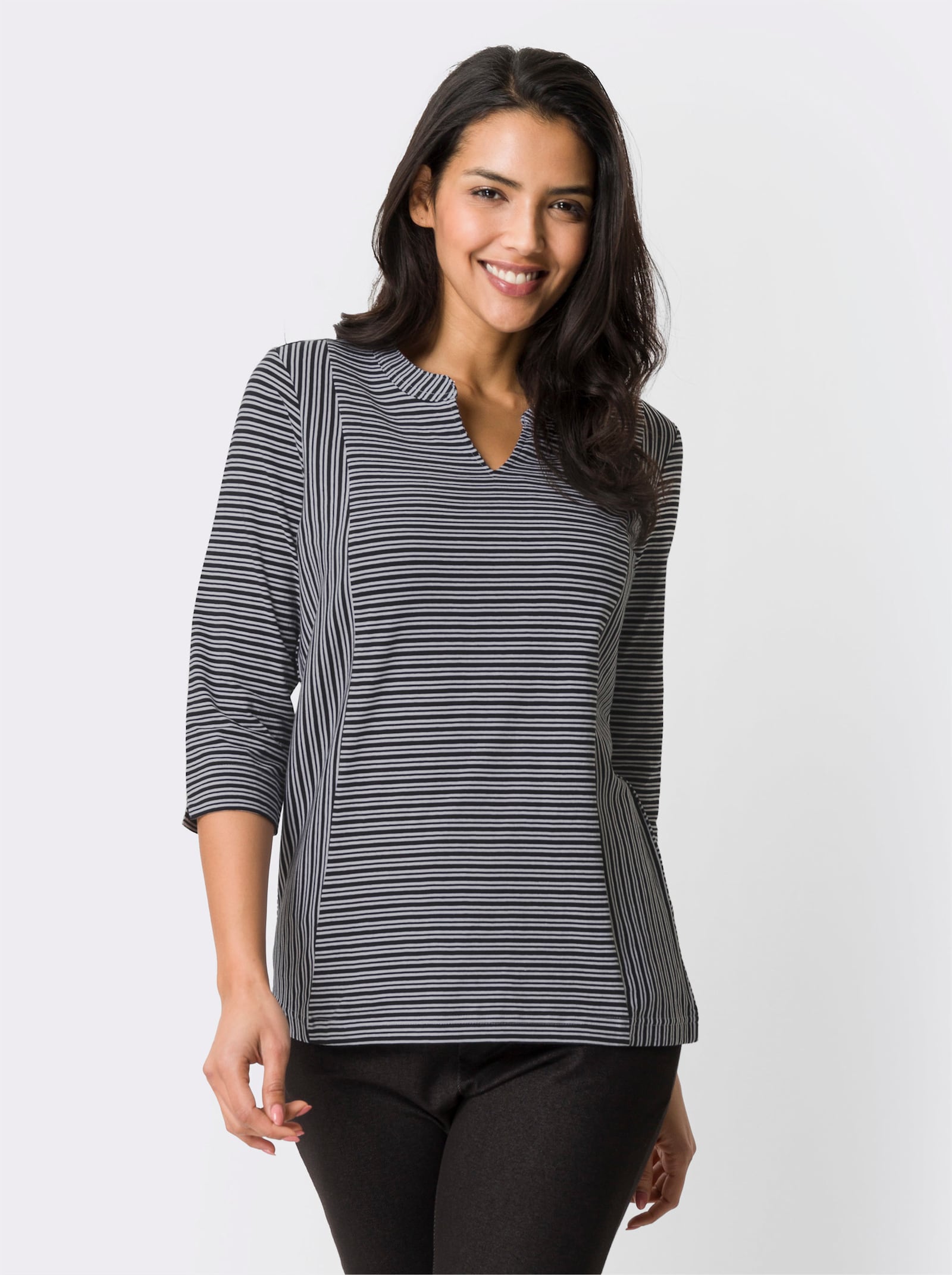 Shirt met 3/4-mouwen en streepjespatroon, in het garen geverfd - zwart/wit gestreept