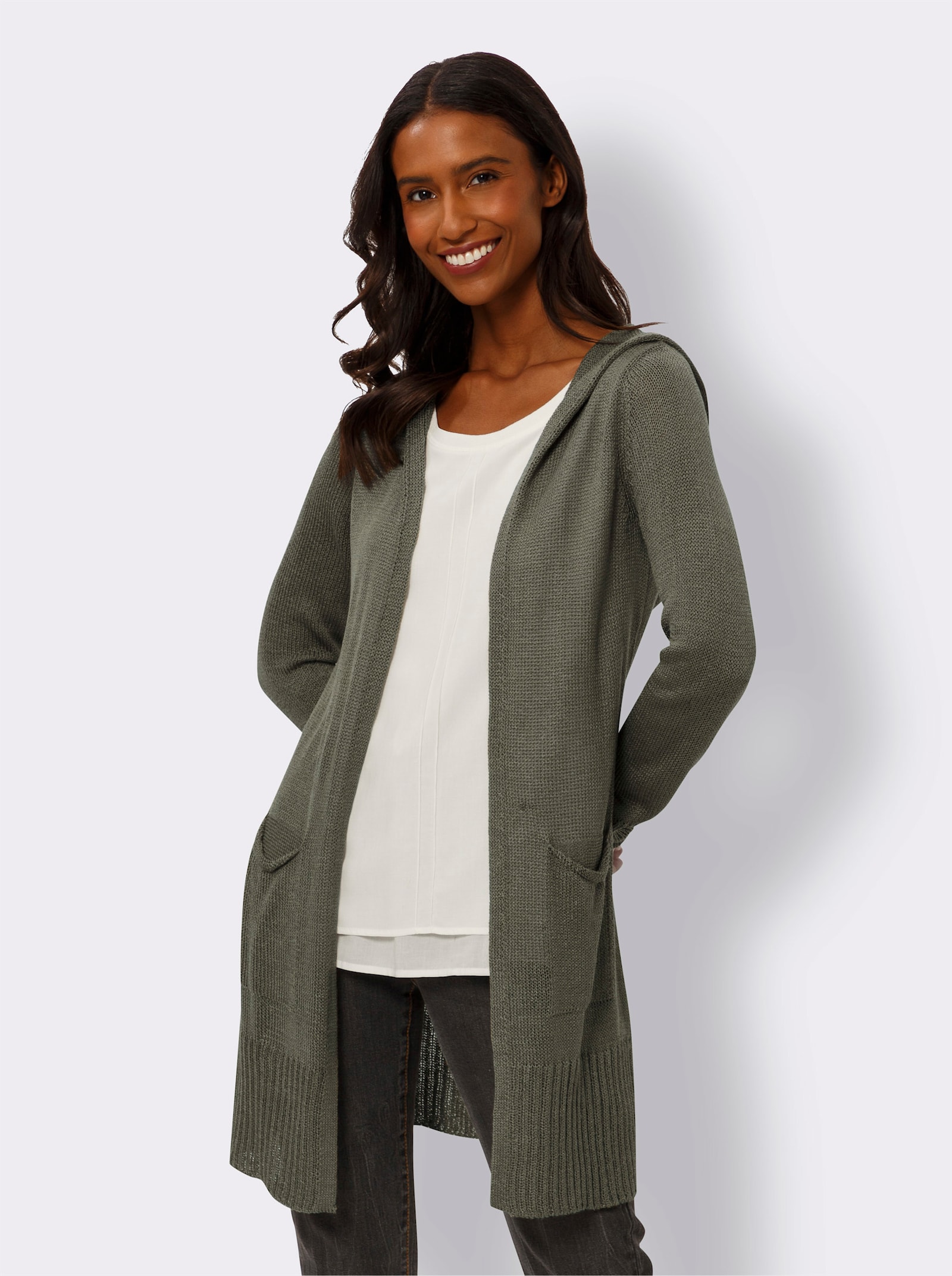 heine Kapuzenstrickjacke mit Glanzgarnen - khaki