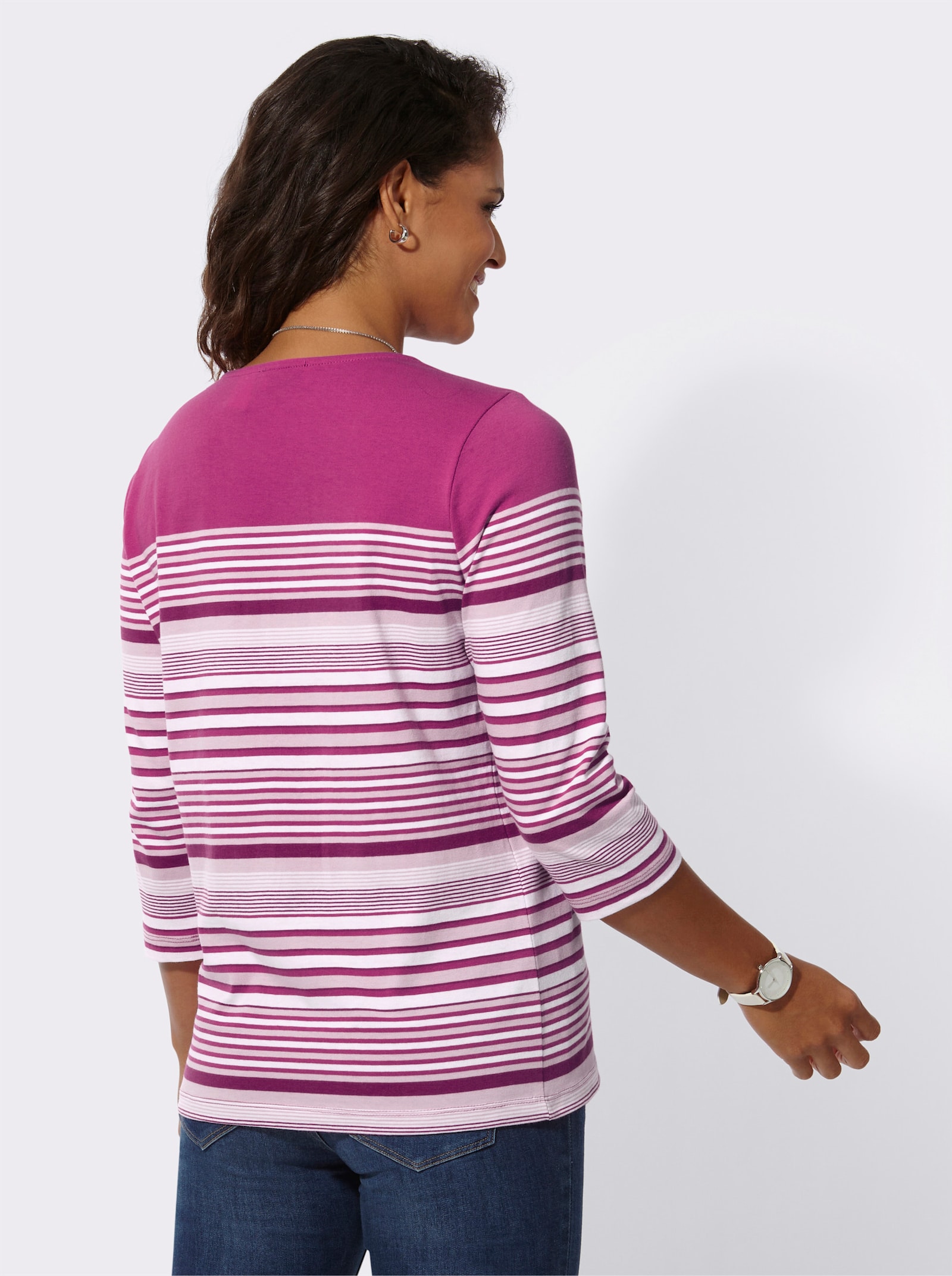 Proužkované tričko s 3/4 rukávy - fuchsiová-ecru-proužek